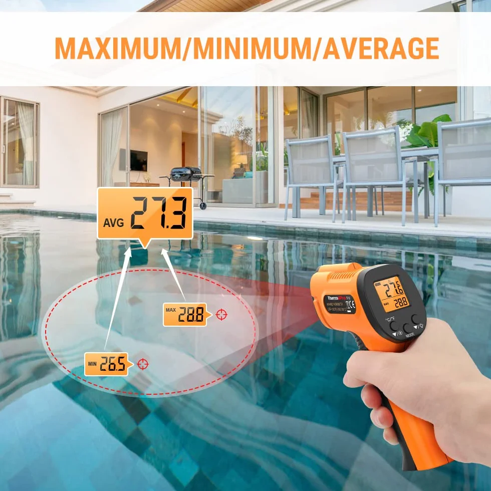 ThermoPro TP30 - termometr na podczerwień, cyfrowy laserowy miernik temperatury -50°C ~ 550°C, regulowany współczynnik emisji, pomiary MAX/MIN/AVG (NIE do użytku na ludziach). Idealny do klimatyzacji