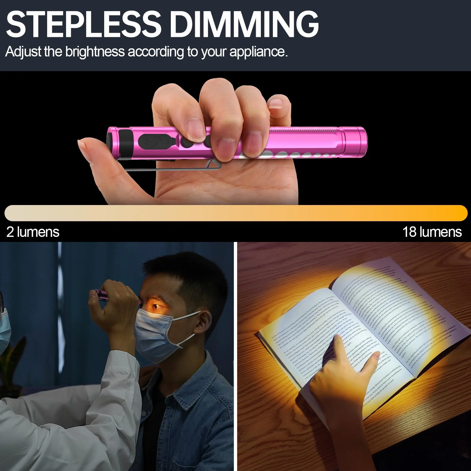 Lampa diagnostyczna, medyczna, z możliwością ponownego ładowania, z kablem USB, ciepła / zimna biel i bezstopniowe ściemnianie, przenośna, aluminiowa, medyczna lampa źrenicy z klipsem (różowa)