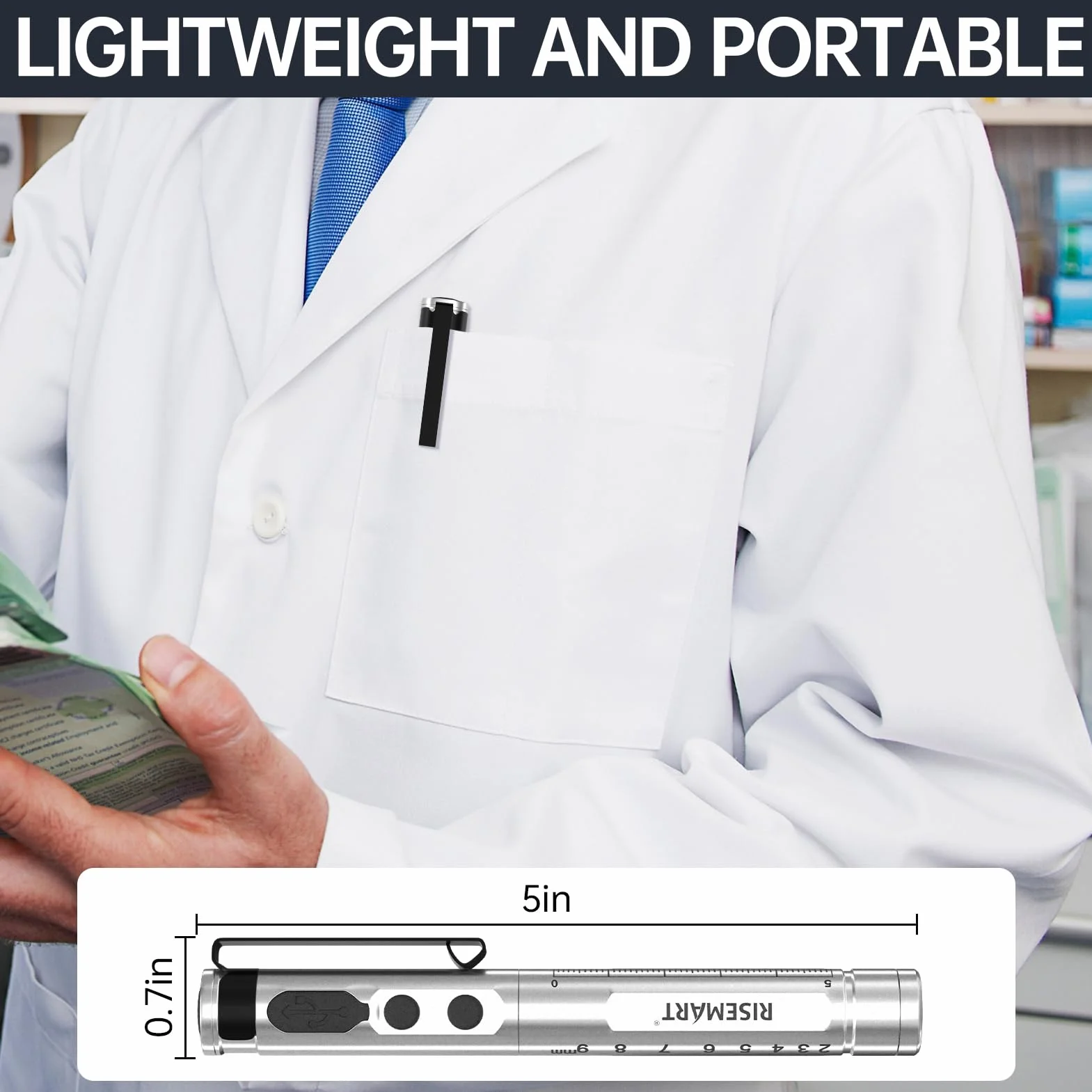 Lampa diagnostyczna LED źrenicy, ładowalna, aluminiowa, ciepła/zimna biel, ściemnianie, przenośna, z klipsem (sliber)