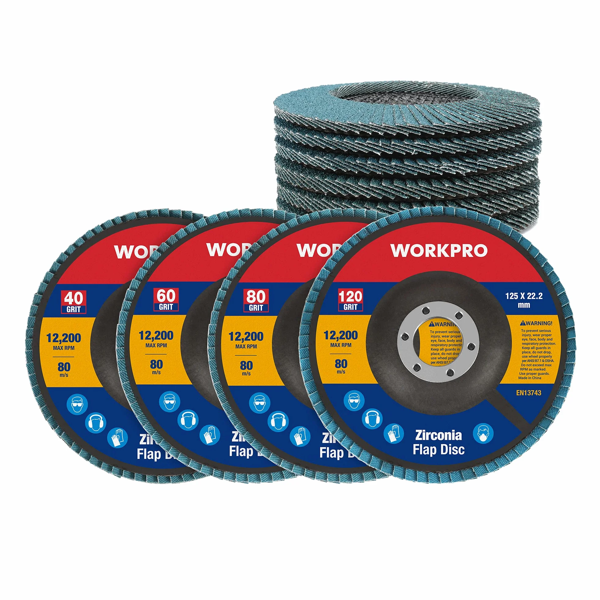 WORKPRO Profesjonalne tarcze wachlarzowe 125 mm 22,2 mm ziarnistość 40/60/80/120 do stali nierdzewnej 10 sztuk