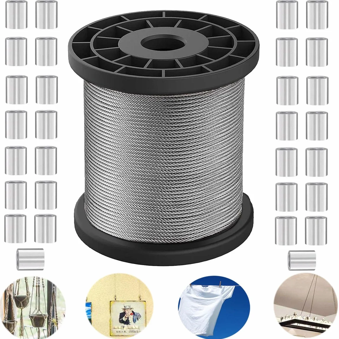 100 m Stahlseil 1 mm Linka Stalowa, 304 Stahl Drut Stalowy 7 x 7 Miękka/Elastyczna, 40 Szt. M1 Aluminiowa Tuleja Zaciskowa do Liny Stalowej, Zawieszenia, Zasłony, Kabla ze Stali Nierdzewnej