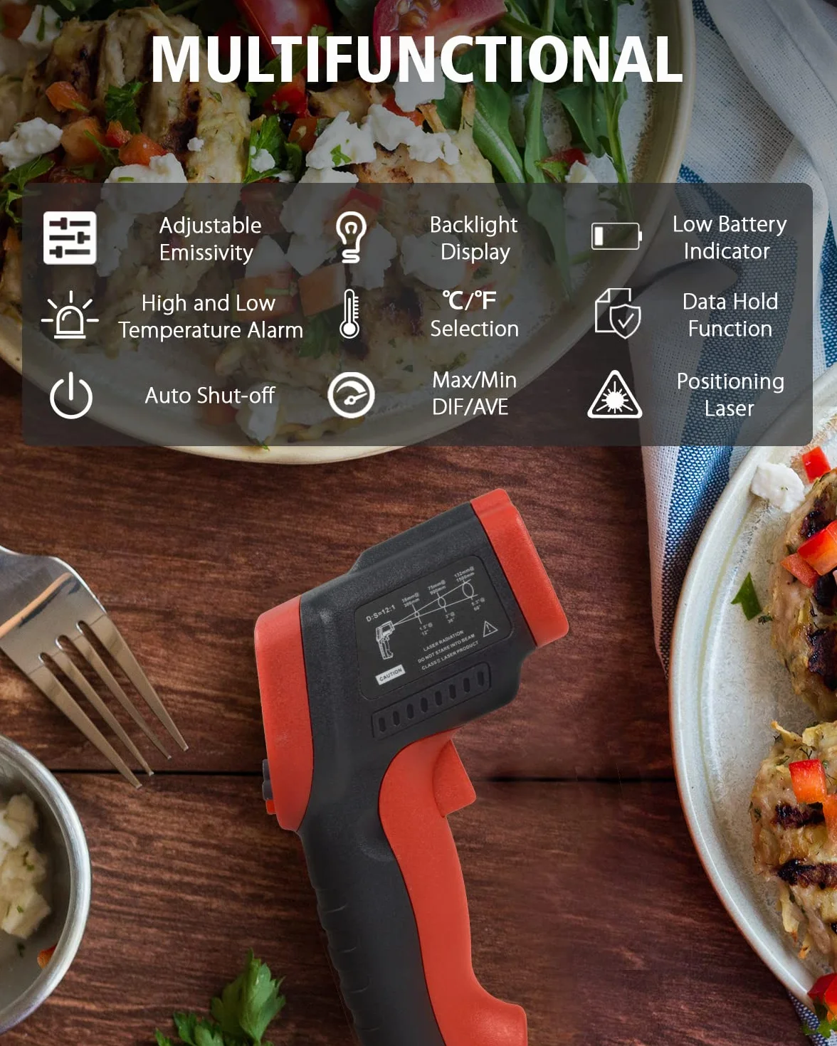Wintact IRTermometro Igrometro Laser Digitale Superfici -50℃~650℃ con Sonde di Temperatura a Termocoppia di Tipo K per Cucina Frizer