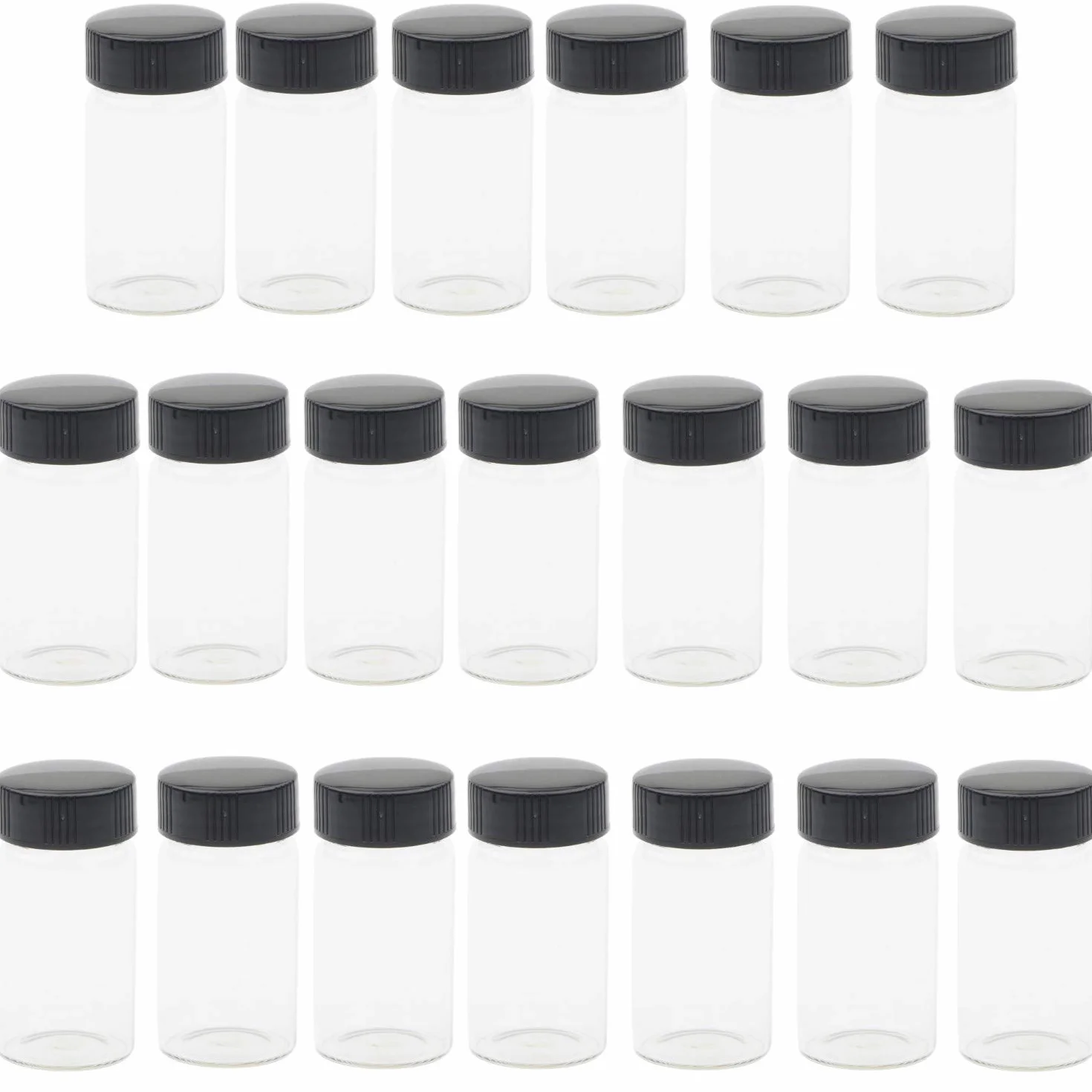 KAHEIGN przezroczyste szklane butelki, 20 ml, 2/3 uncji próbki, szklane butelki z plastikową śrubą, czarna pokrywka, przezroczysty pojemnik laboratoryjny, 20 szt