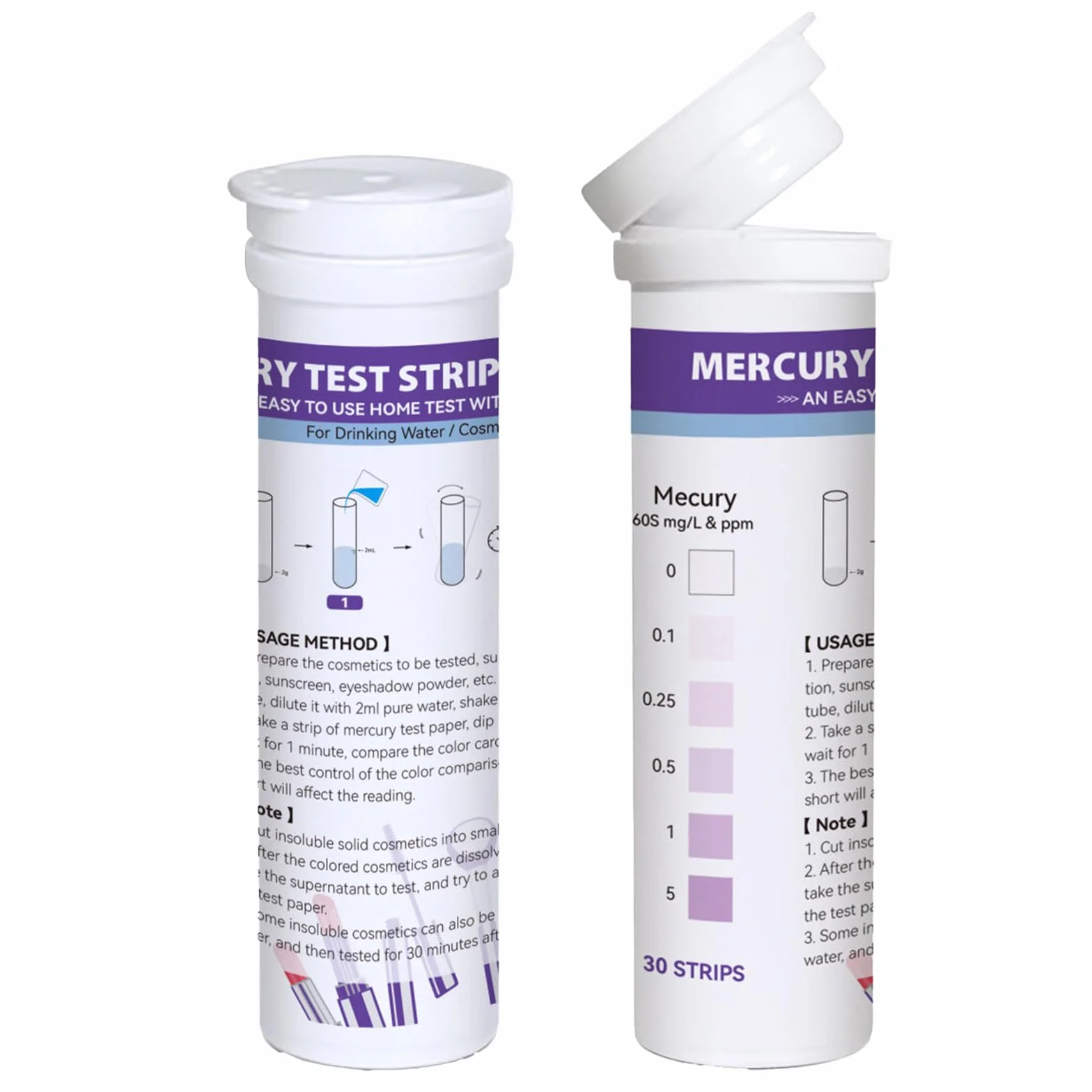 Paski testowe rtęci 30 sztuk 0–5 mg/l Hg² szybki test wody i kosmetyków metali ciężkich