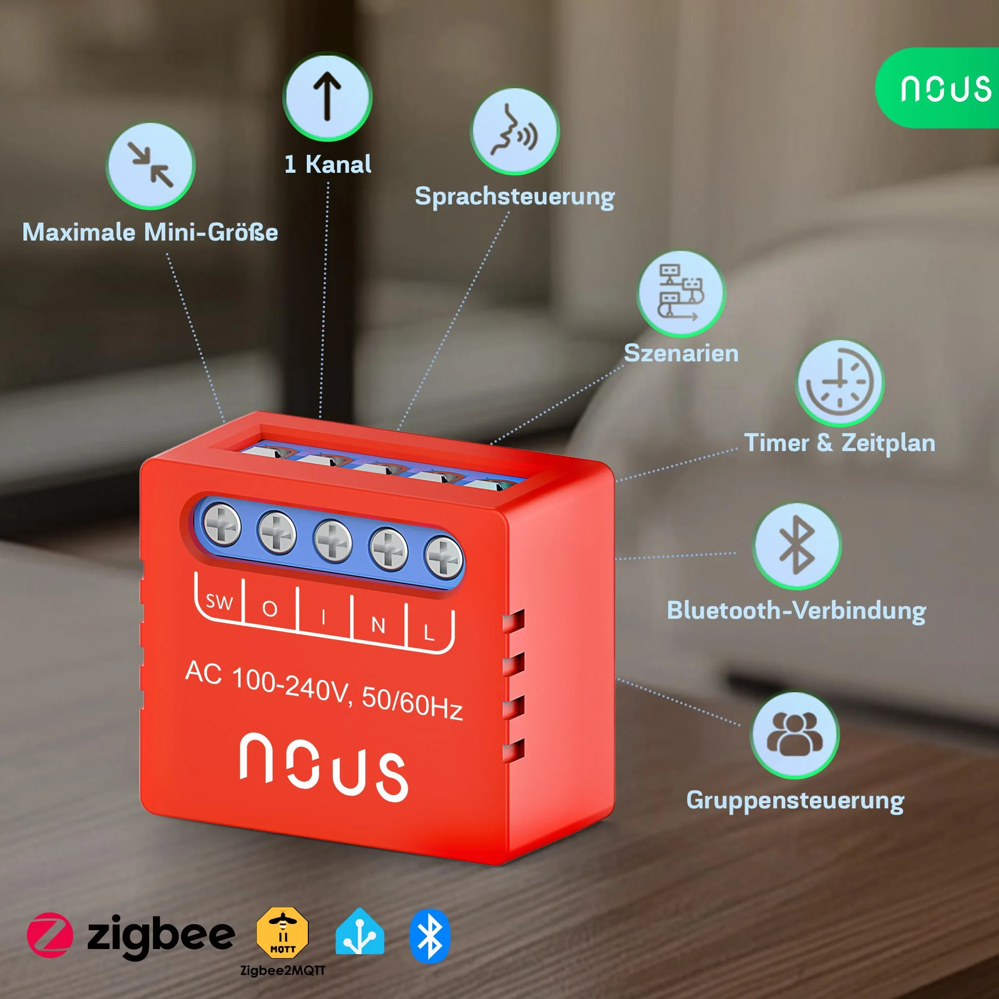 NOUS B6Z ZigBee Mini Smart Switch moduł – 1-kanałowy podtynkowy moduł przełączający, ZigBee 3.0, 100–240 V, 2000 W, do Alexa, Google Assistant, SmartThings, Gateway, 2 sztuki w opakowaniu