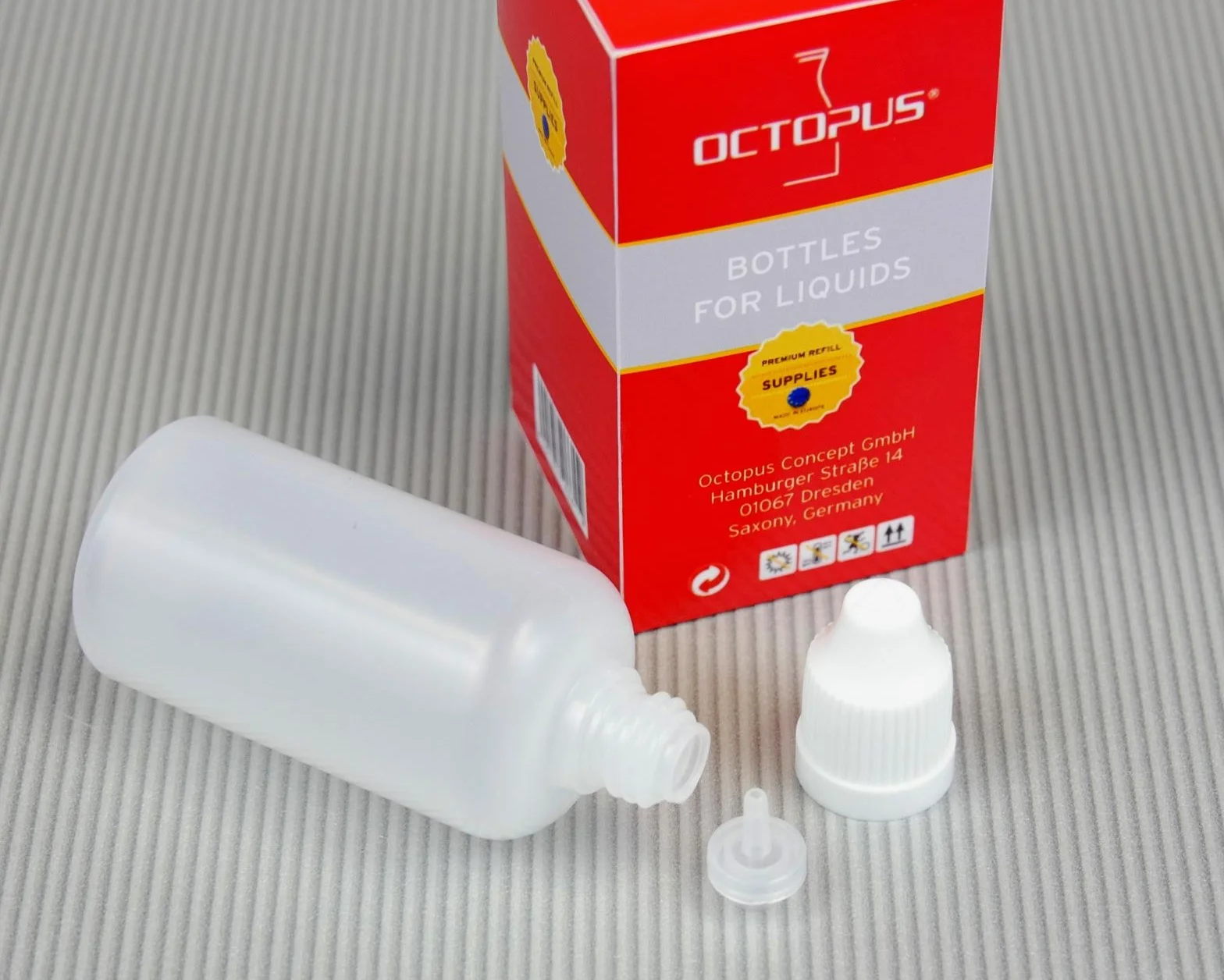 Octopus 10 x 50 ml butelki na płyn z lejkiem + etykiety, plastikowe butelki z polietylenu LDPE, butelki dozujące do płynu, butelki z kroplomierzem lub zgniataczami + białe pokrywki