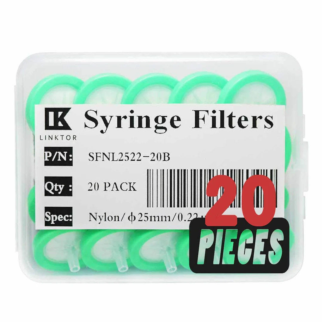 LINKTOR Filtry natryskowe Nylon filtracja orangniczna średnica 25 mm 0,22 µm rozmiar porów niesterylne, opakowanie 20 szt