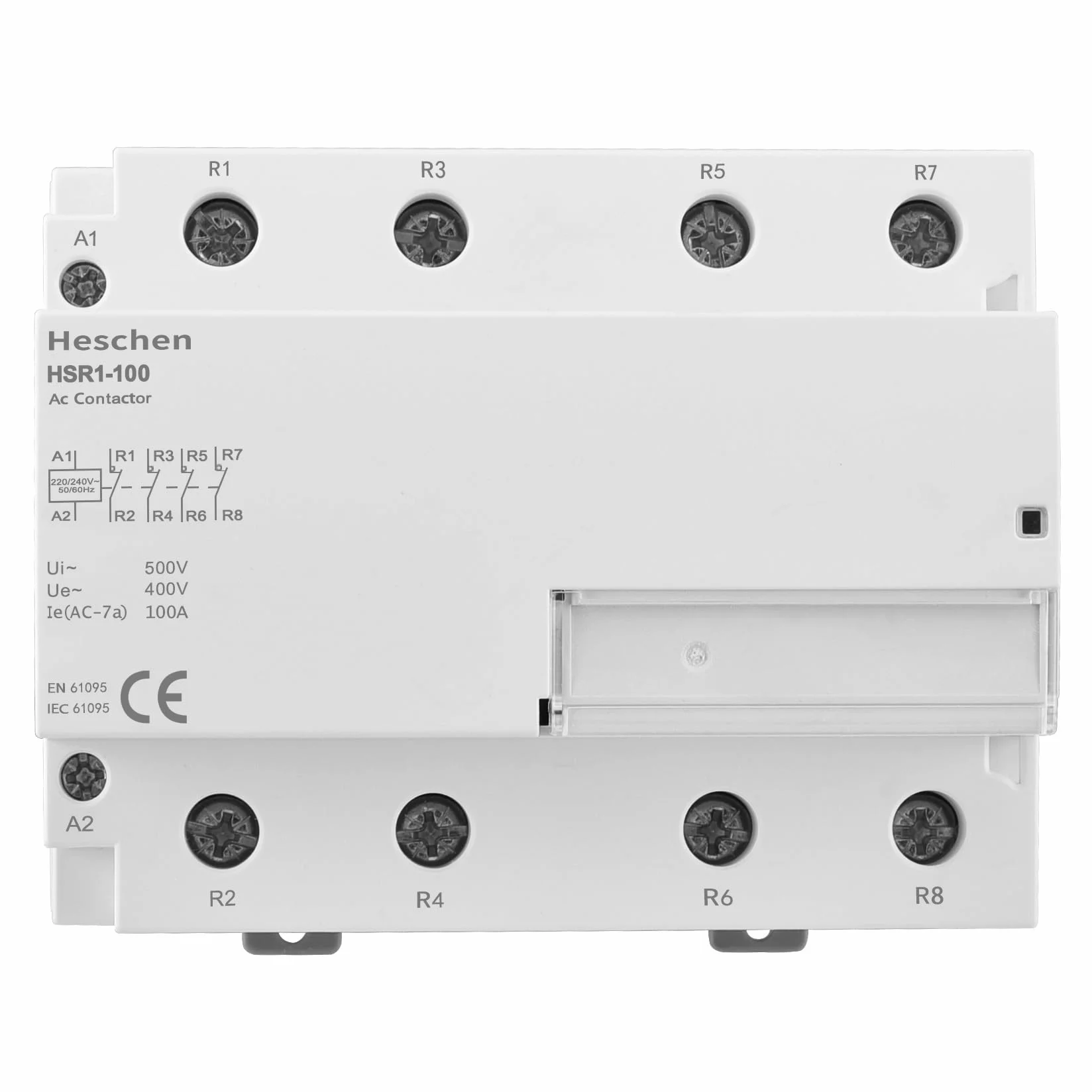 Heschen Domowy stycznik prądu zmiennego, HSR1-100, Ie 100A, 4-biegunowy, cztery normalne zamknięte, napięcie cewki AC 220 V, 35 mm montaż na szynie DIN