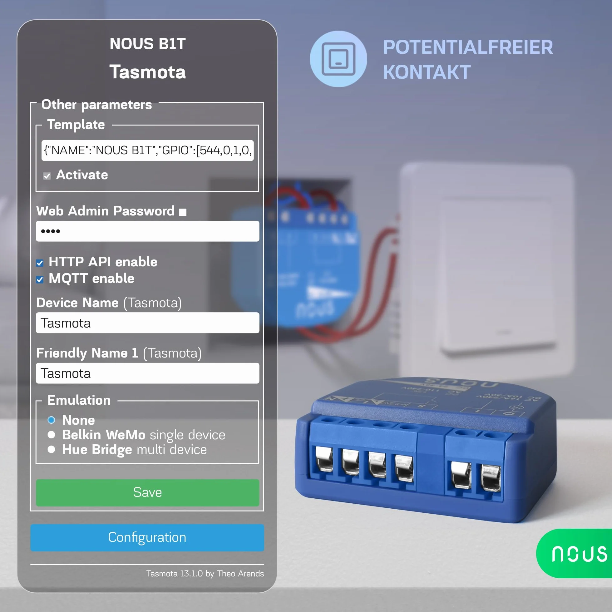 NOUS Moduł WiFi Smart Switch z Tasmota, AC 16A/DC 10A, ESP32, Matter, MQTT, 1 kanał, suche styki