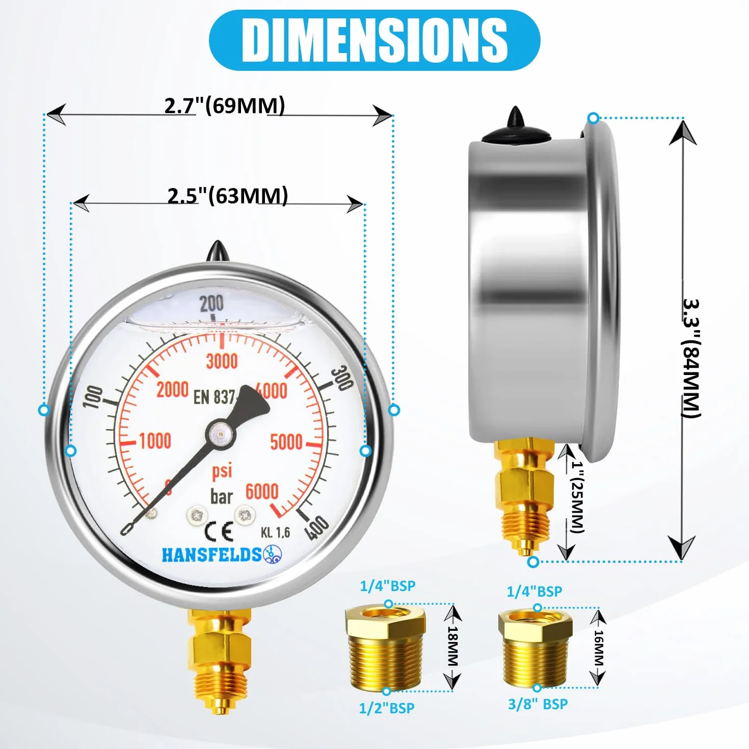 Manometr Hansfelds 0–400 bar/psi, tarcza 63 mm, mosiężne przyłącze dolne G1/4" BSP, wypełniony cieczą (gliceryną), klasa dokładności 1.6, w zestawie 2 redukcje na 3/8" i 1/2".