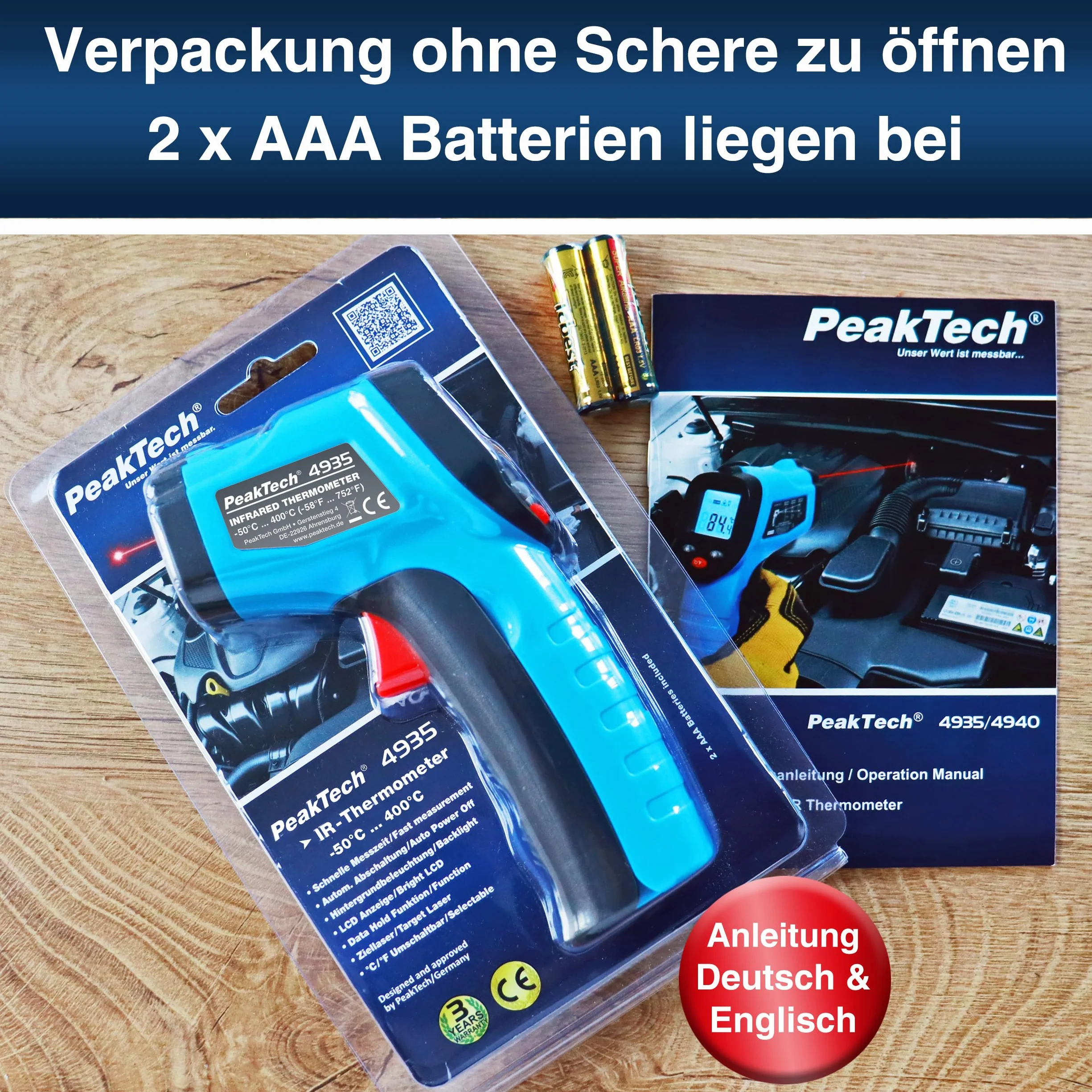 PeakTech 4935 termometr na podczerwień/pirometr z laserem, -50°C … 400°C, stosunek punktu pomiarowego 12:1, do szybkiego pomiaru temperatury powierzchni 0,5 s, stopień emisji 0,95 stały