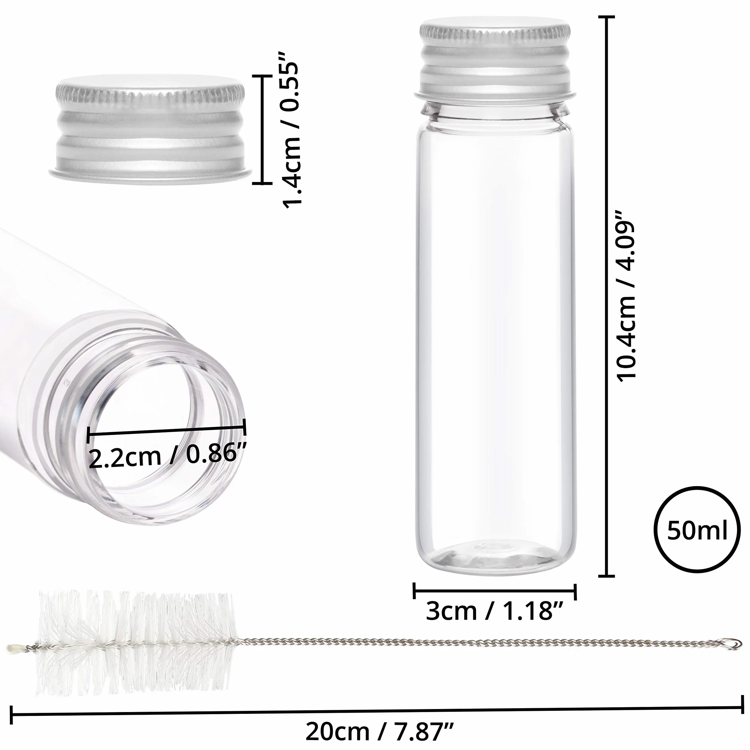 Kurtzy Przezroczyste Plastikowe Probówki z Zakrętką i Szczotką do Czyszczenia (25-Pak) - 50 ml - Probówki Wielokrotnego Użycia do Przechowywania Słodyczy, Próbek, Płynów, Soli do Kąpieli i Kwiatów