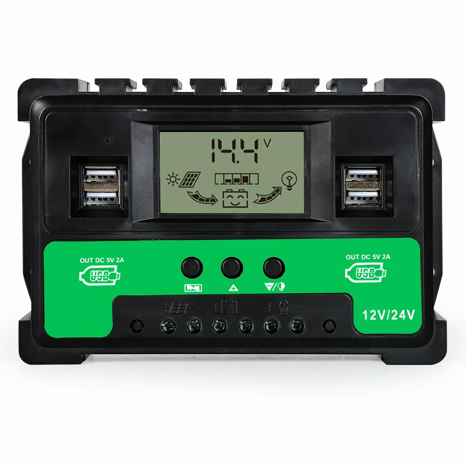 BuyWeek Solarny Regulator ładowania 60 A, 12 V/24 V, MPPT, 4 USB, wyświetlaczem LCD