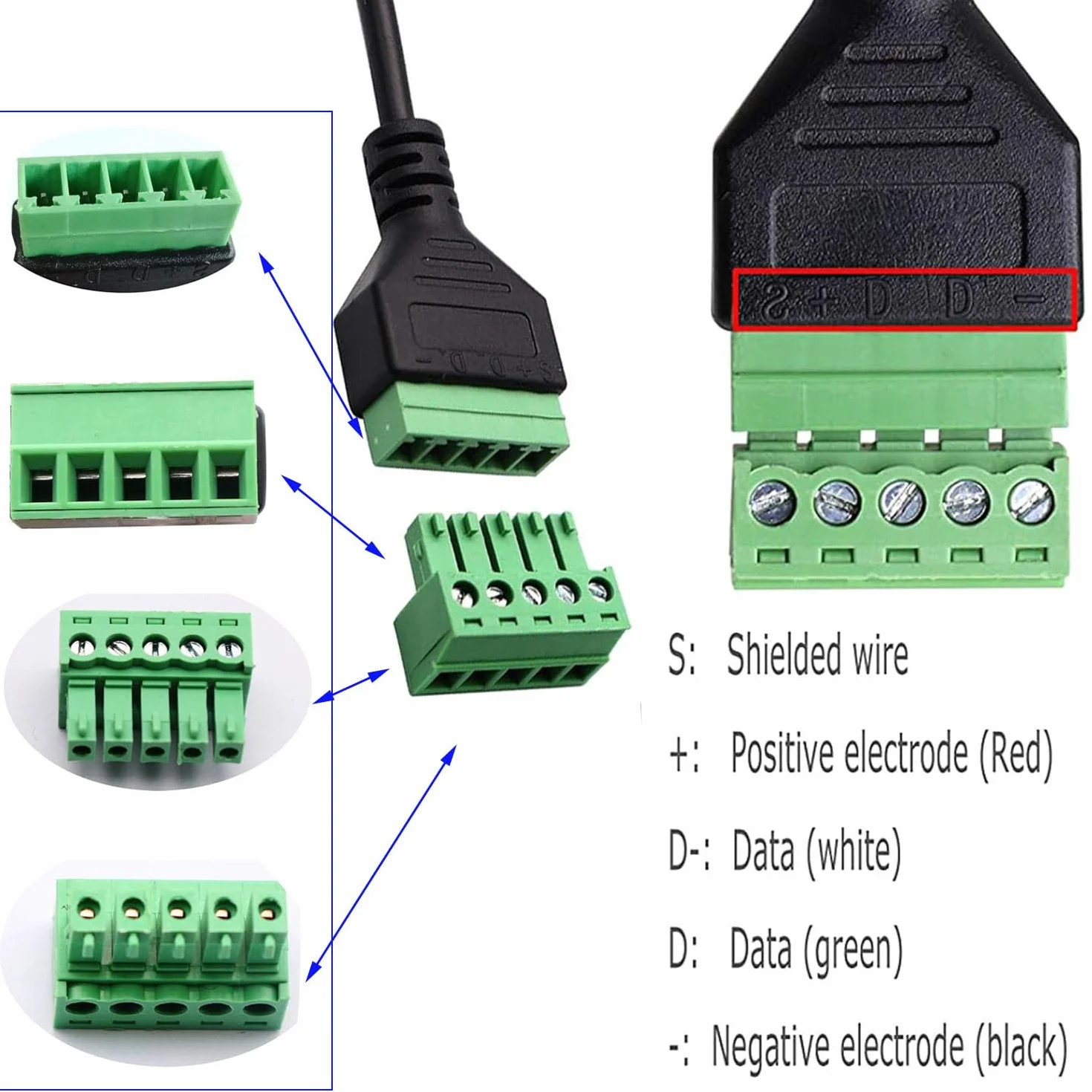 RUNCCI-YUN 2 sztuki USB 2.0 A wtyczka zaciskowa do 5-biegunowego kabla blokowego zaciskowego USB 2.0 A, blok zacisków śrubowych