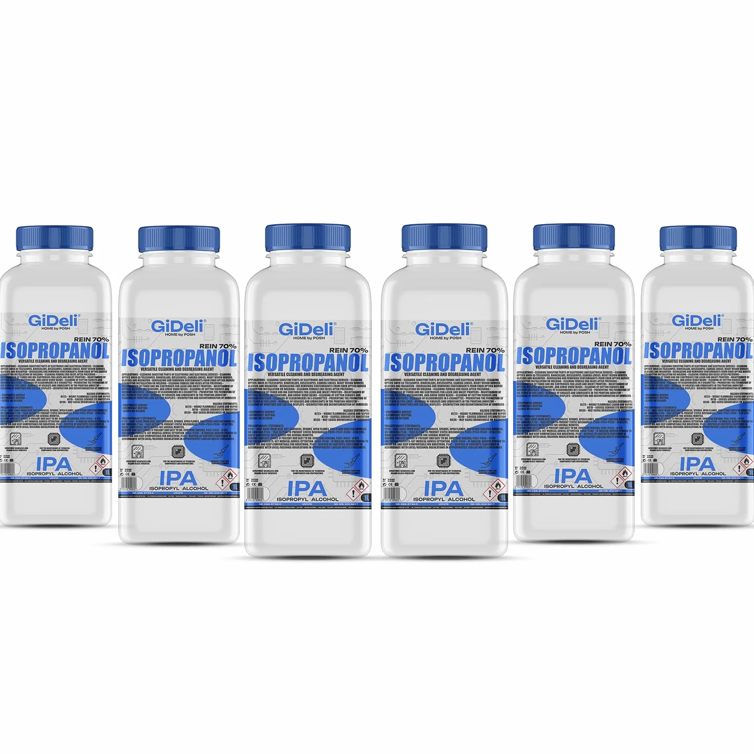 GiDeli Izopropanol 70%, 6 x 1 l, wysokoprocentowy alkohol izopropylowy, IPA, do czyszczenia elementów elektronicznych, soczewek i ekranów