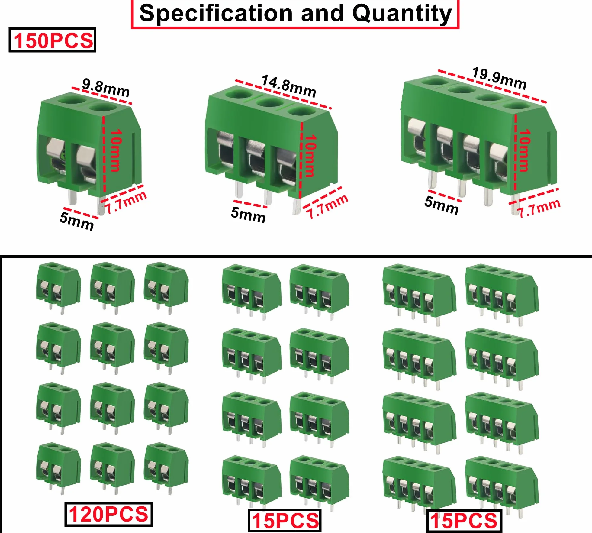 HUAZIZ 150 sztuk zielonych 2/3/4 pinów PCB Mount Screw, 5 mm Terminal Block zacisk śrubowy złącze wtykowe + 1 szt. żółty śrubokręt do Arduino