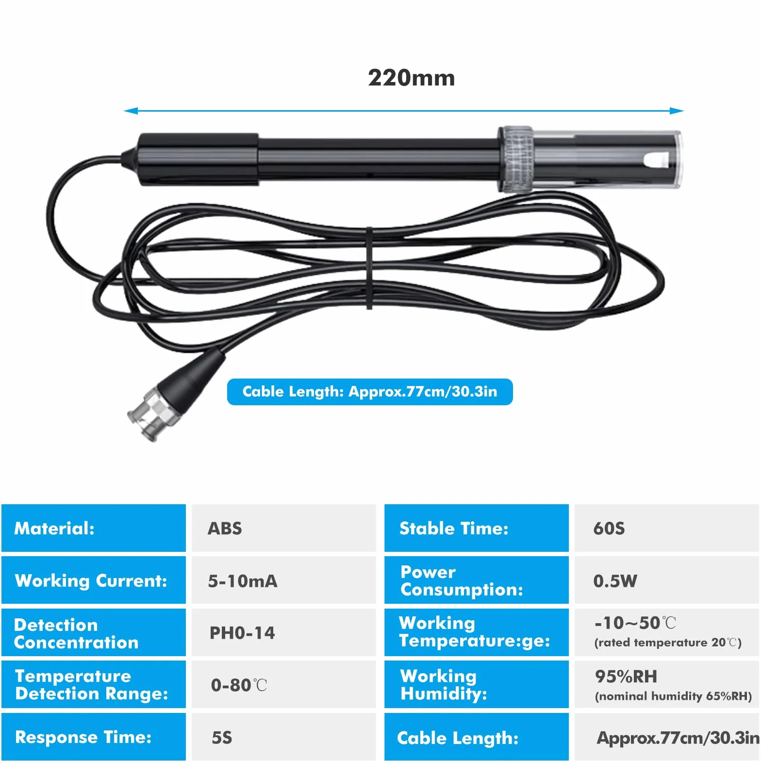 Sonda Ph 0-14, Sonda Czujnika Ph Sonda Elektrody Ph Wymienna Sonda Monitora Ph Z Kablem O Długości 77 Cm Do Monitora Ph Kontroler Ph Tester Ph Miernik Ph Monitorowanie Wykrywania Wykrywania Ph, Wtyczk