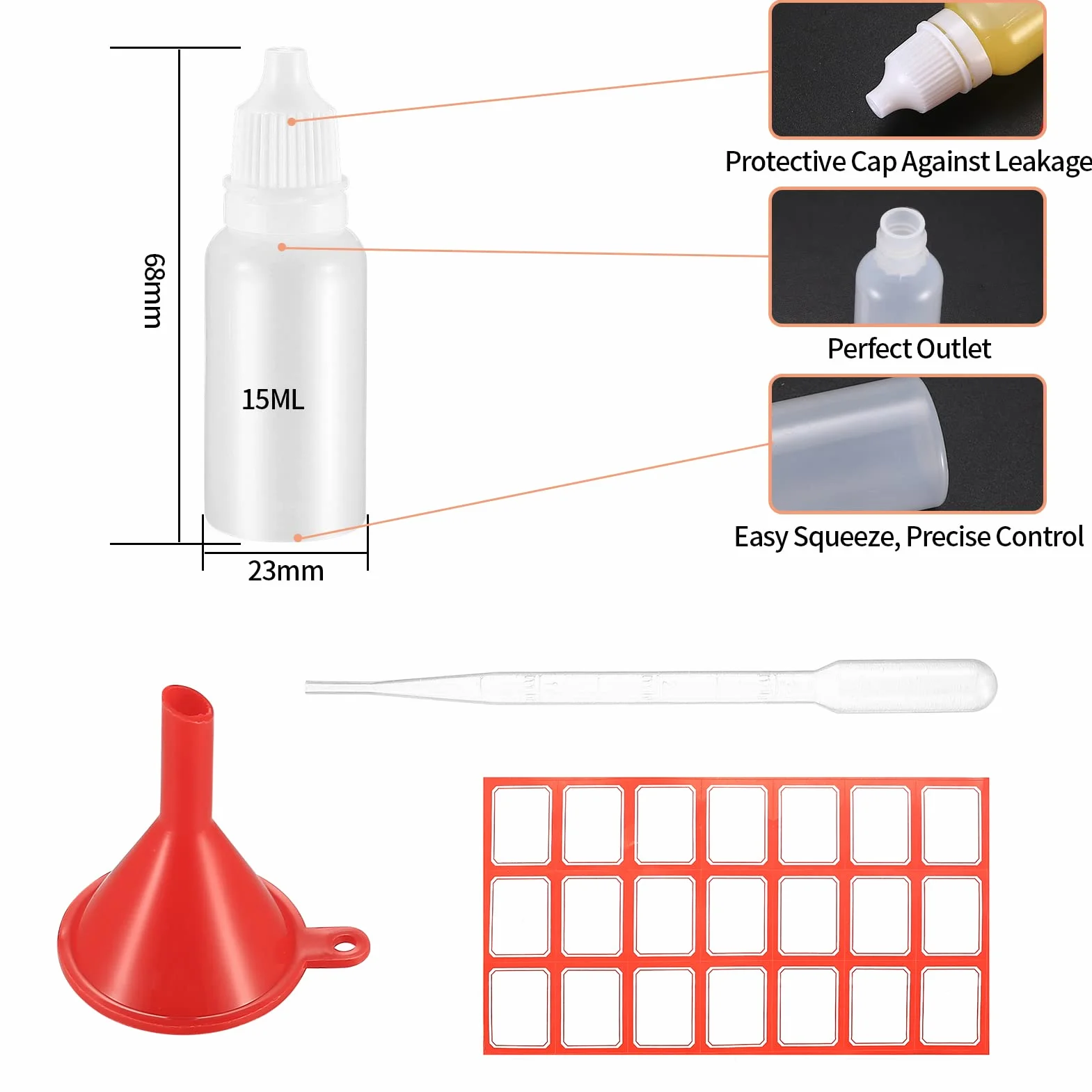 Plastikowe butelki z nakrętką 15 ml, puste, wyciskane do olejek eterycznych, z lejkami/pipetami transferowymi i naklejką, 20 sztuk
