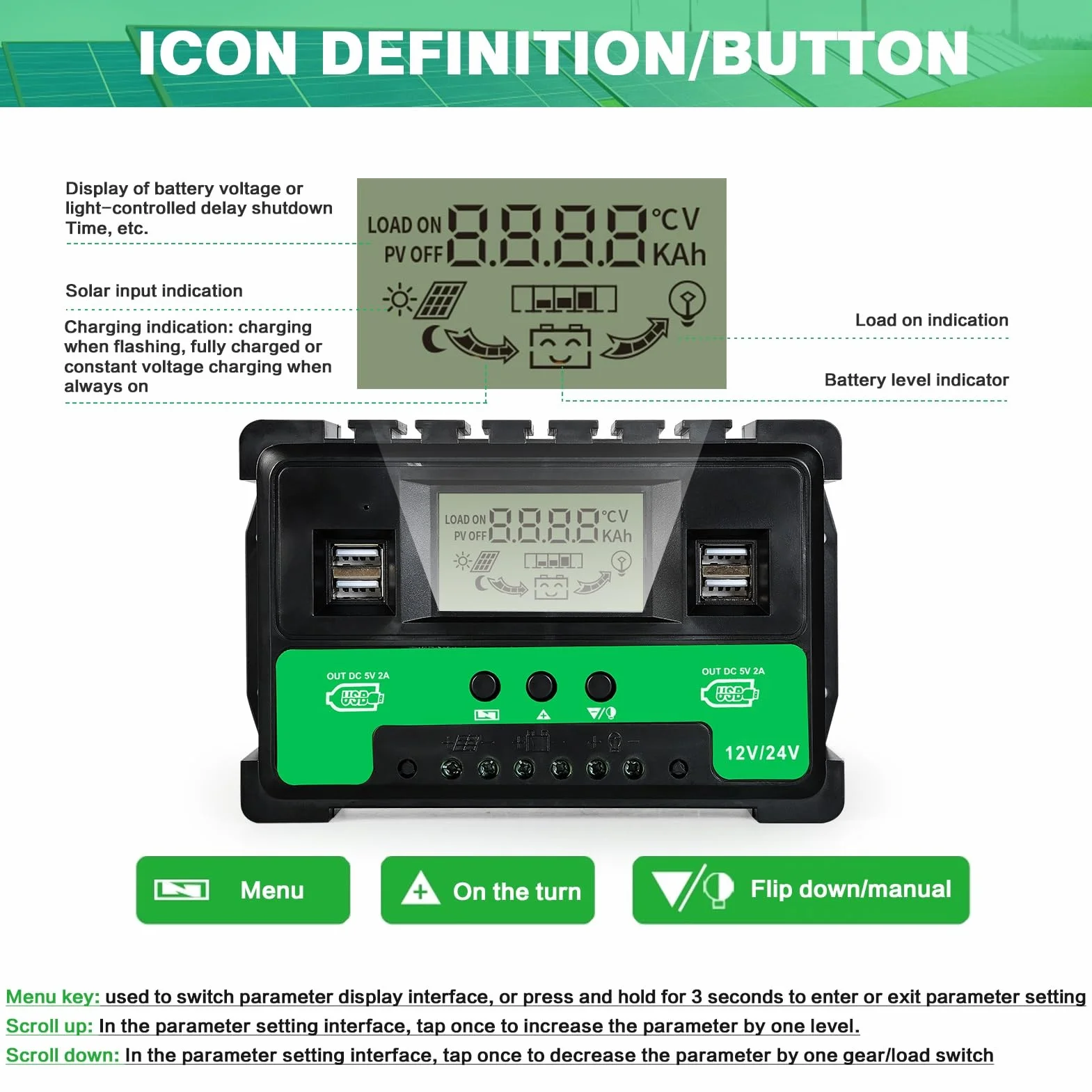 BuyWeek Solarny Regulator ładowania 60 A, 12 V/24 V, MPPT, 4 USB, wyświetlaczem LCD