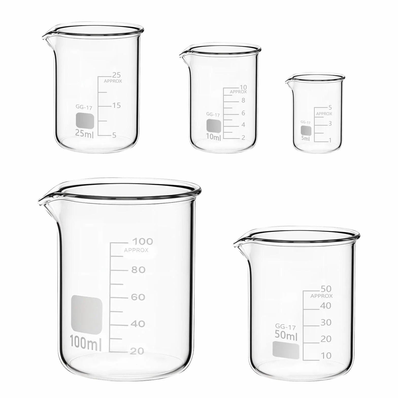 Zestaw szklanych zlewek 100 ml 50 ml 25 ml 10 ml 5 ml, 5 szklanych zlewek miarowych z borokrzemianu szkła do laboratorium, klasy i użytku domowego
