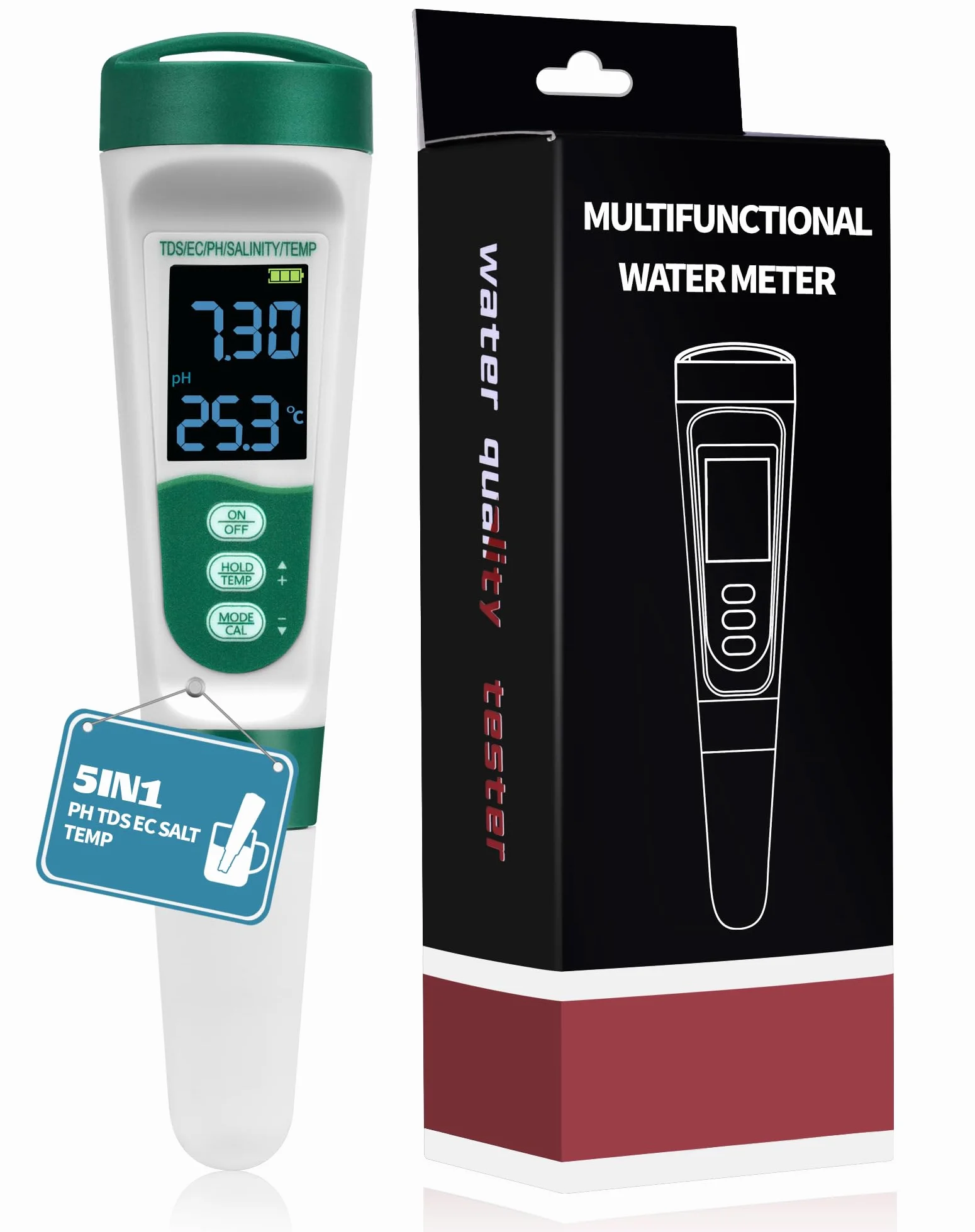 Miernik pH 5 w 1 TDS EC PH Temp Salt(%) do basenów, wody pitnej, hydrokultura, jacuzzi, akwarium, SPA, brwi, miernik PHEC, tester jakości wody