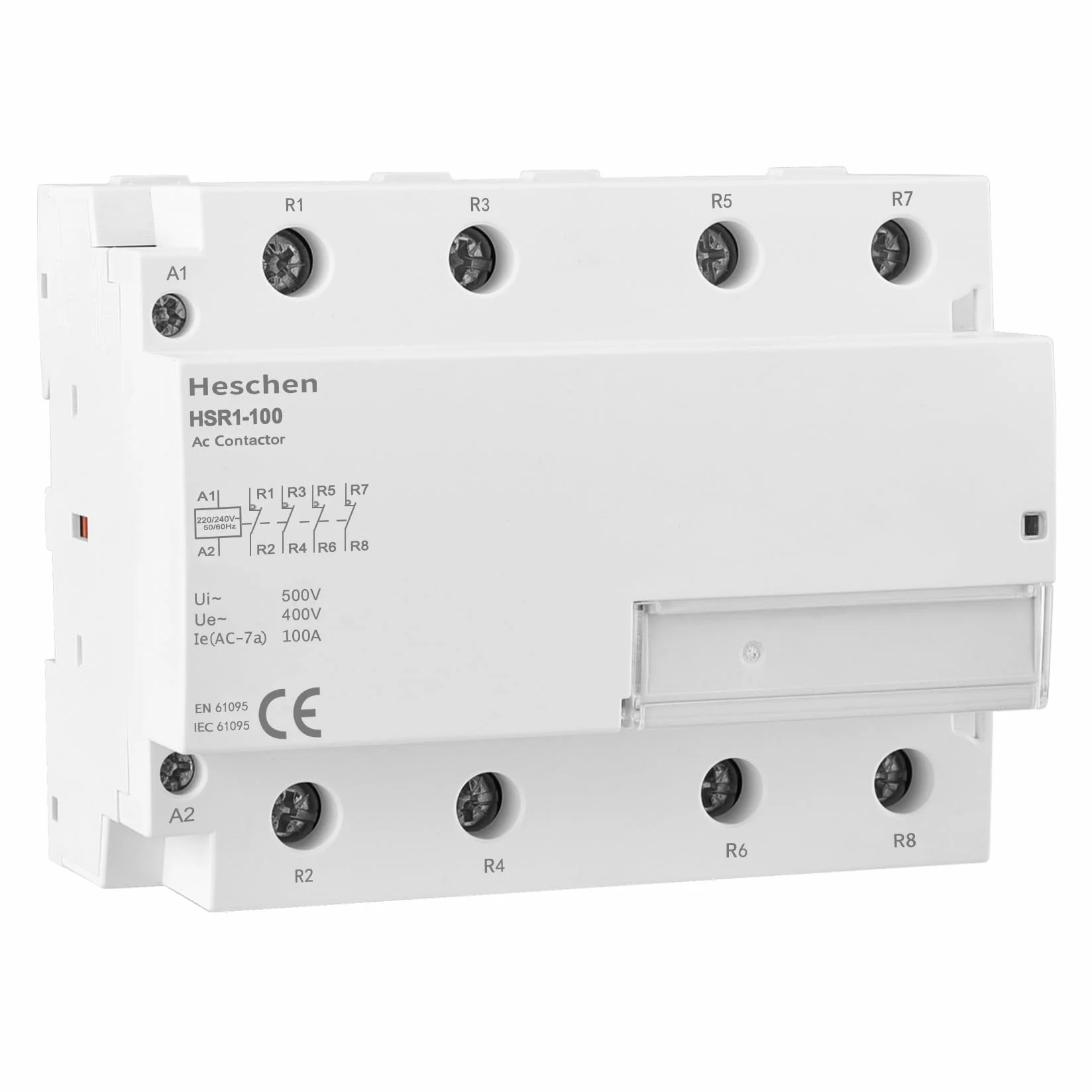 Heschen Domowy stycznik prądu zmiennego, HSR1-100, Ie 100A, 4-biegunowy, cztery normalne zamknięte, napięcie cewki AC 220 V, 35 mm montaż na szynie DIN