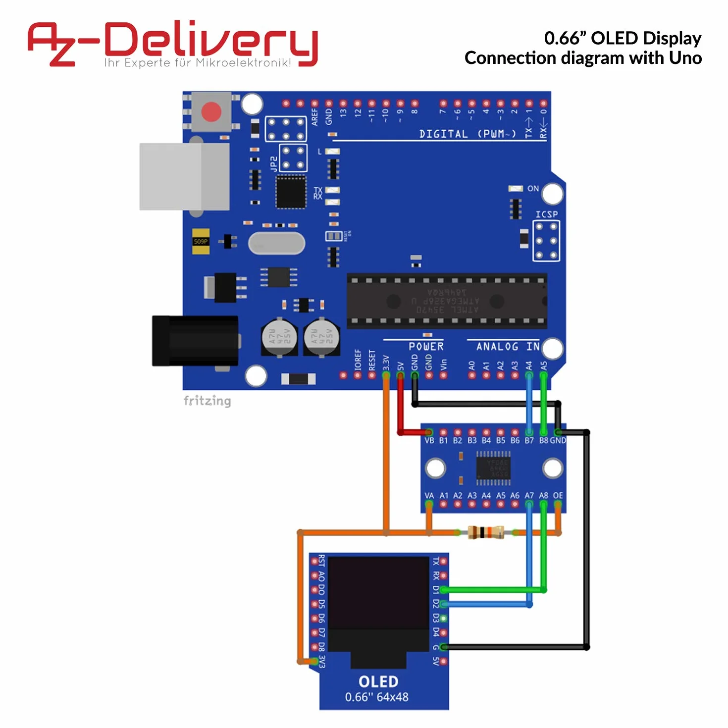 AZDelivery 5 x 0,66 cala osłona wyświetlacza ssd1306 OLED I2C 64x48 pikseli moduł wyświetlacza I2C HW-699 z białymi znakami kompatybilny z D1 Mini, w tym E-Book!