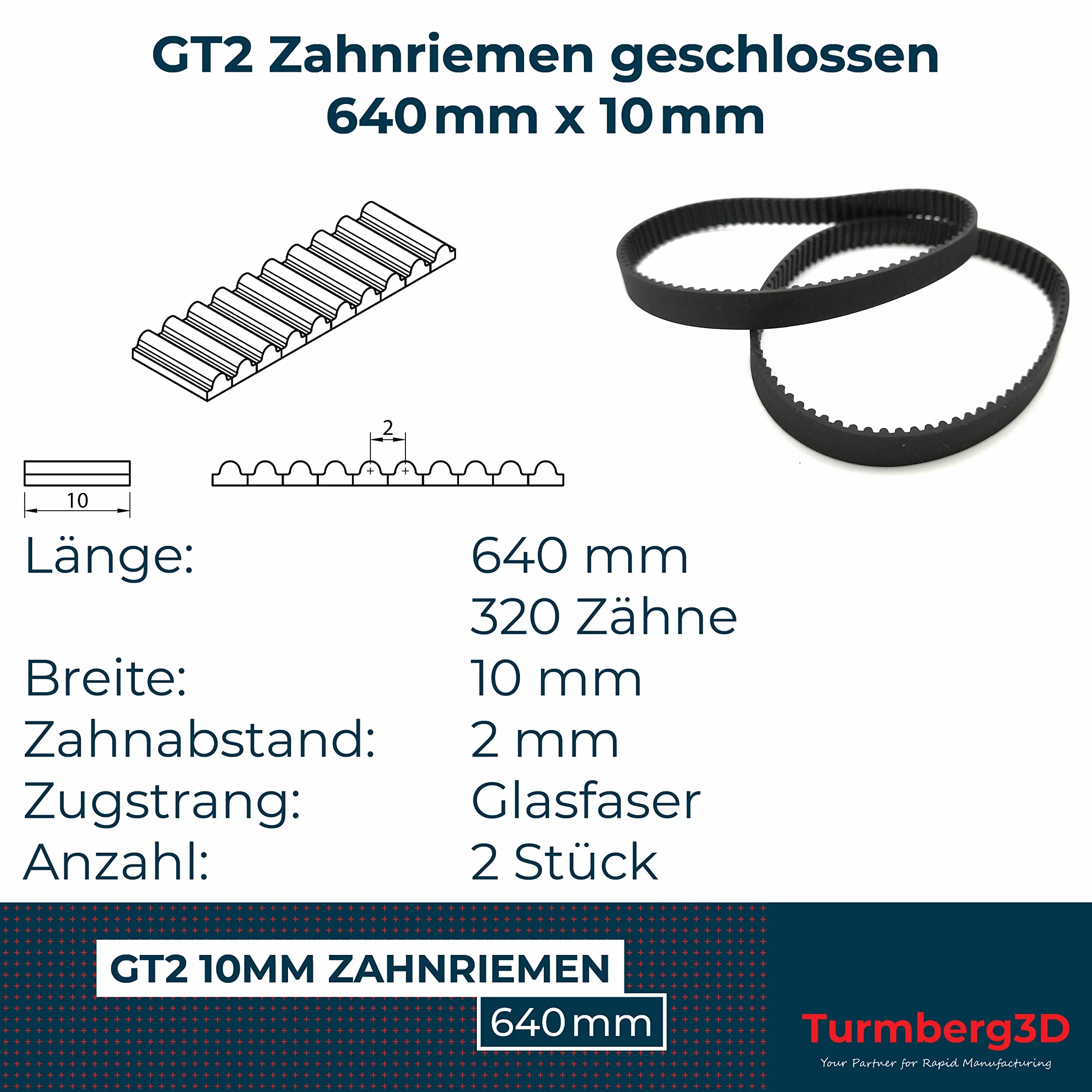 GT2 zamknięty pasek rozrządu – szerokość 10 mm – długość 640 mm – po 2 sztuki – sznurek z włókna szklanego (640 mm)