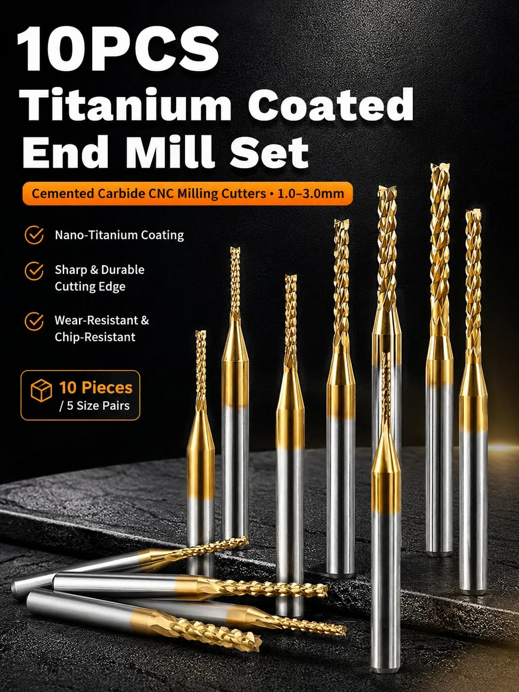 VOBOR 10 sztuk frezów CNC 1-3 mm, powlekane tytanem, 1,0 mm, 1,5 mm, 2,0 mm, 2,5 mm, 3,0 mm, 2 sztuki do typu, frezy do metalu do płytek drukowanych, metal, plastik