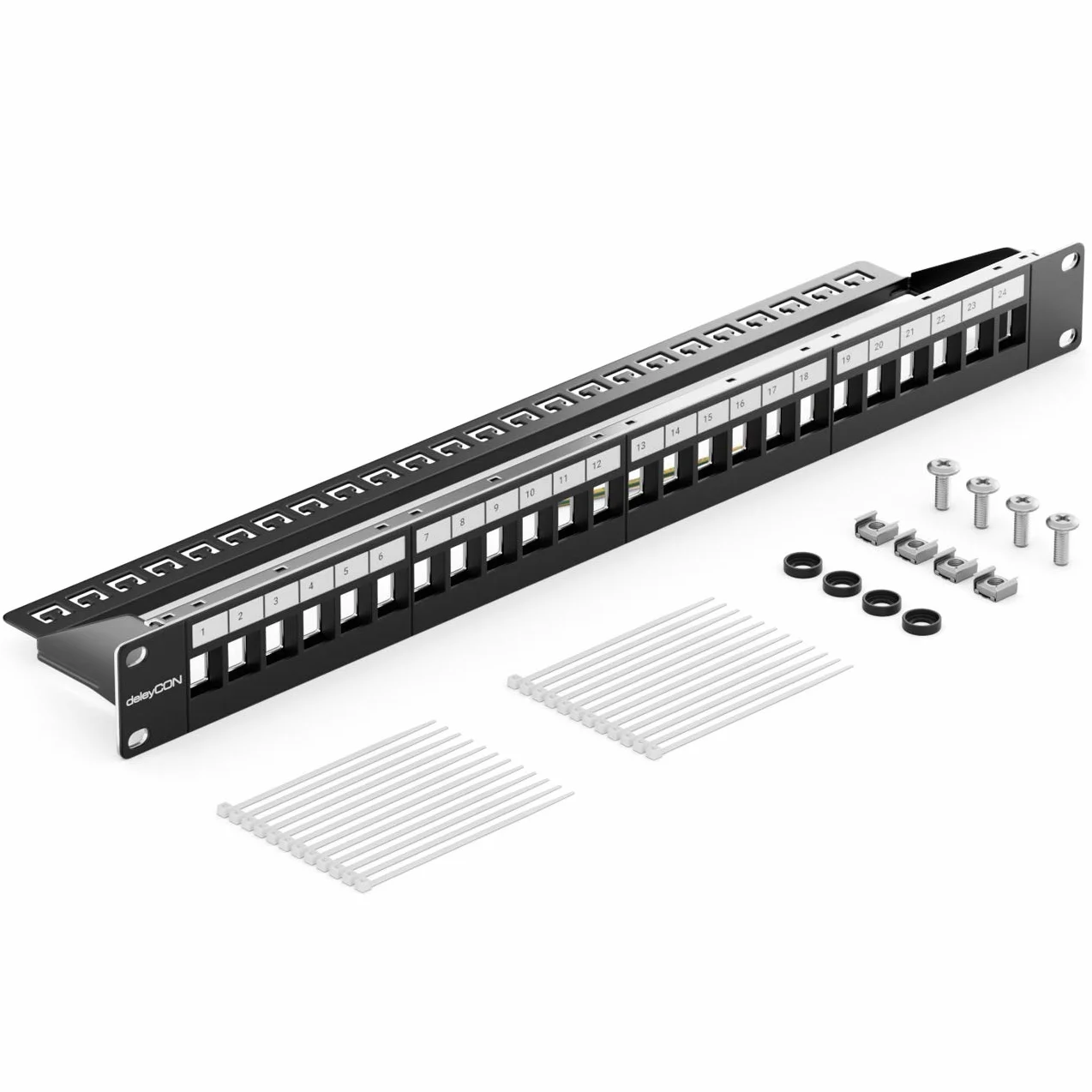 deleyCON 24 Port Patchpanel Pole Modularne do Modułów Keystone 1 HE 19" Zoll Montaż w Szafie Kompatybilne CAT5 CAT6 CAT7 CAT8 LAN Sieć Kabel Instalacyjny Czarny