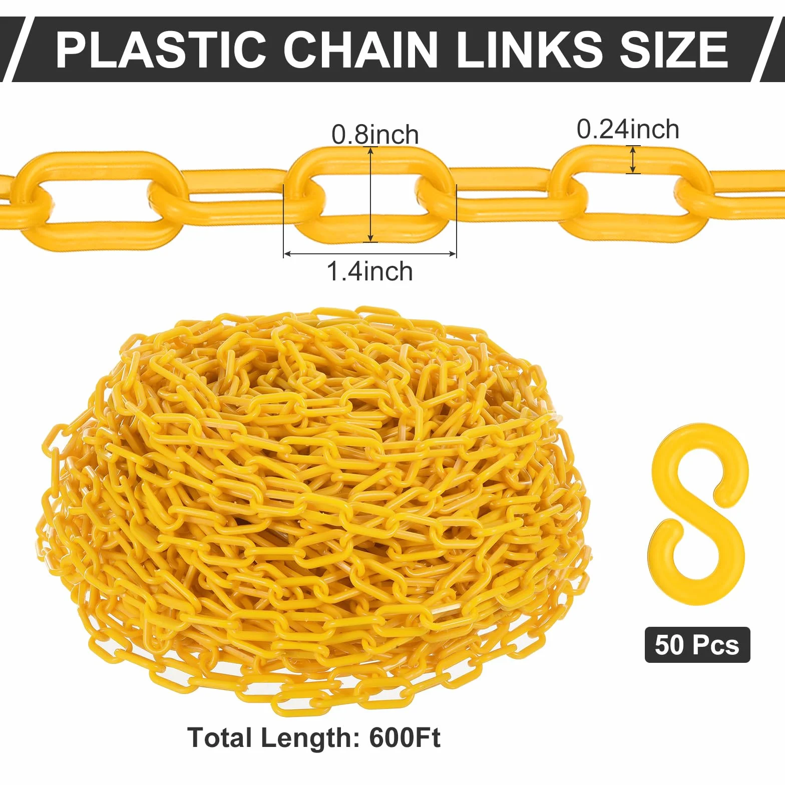 PATIKIL Plastikowy łańcuch 600 stóp 1/4" (6 mm) żółty łańcuch bezpieczeństwa kontrola tłumu