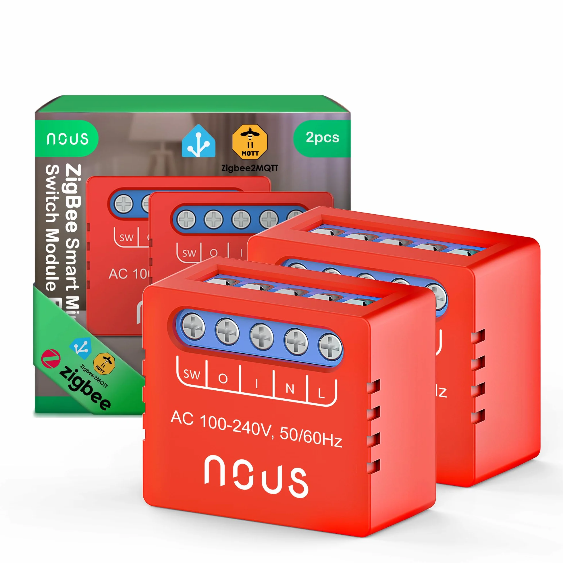 NOUS B6Z ZigBee Mini Smart Switch moduł – 1-kanałowy podtynkowy moduł przełączający, ZigBee 3.0, 100–240 V, 2000 W, do Alexa, Google Assistant, SmartThings, Gateway, 2 sztuki w opakowaniu