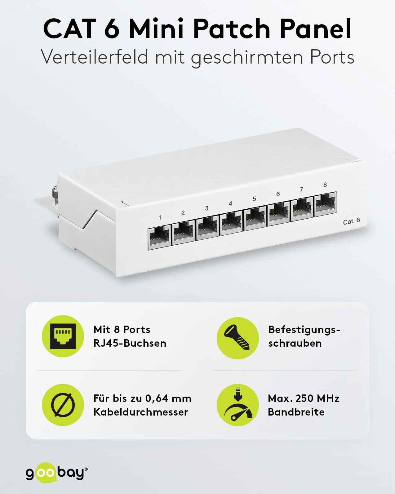 Goobay 62069 CAT 6 Patch Panel 8 portów/gniazda RJ45 wtyczka sieciowa / 250 MHz LAN panel krosowy/panel rozdzielający 1 HE/Mini Desktop panel krosowy montaż ścienny/biały