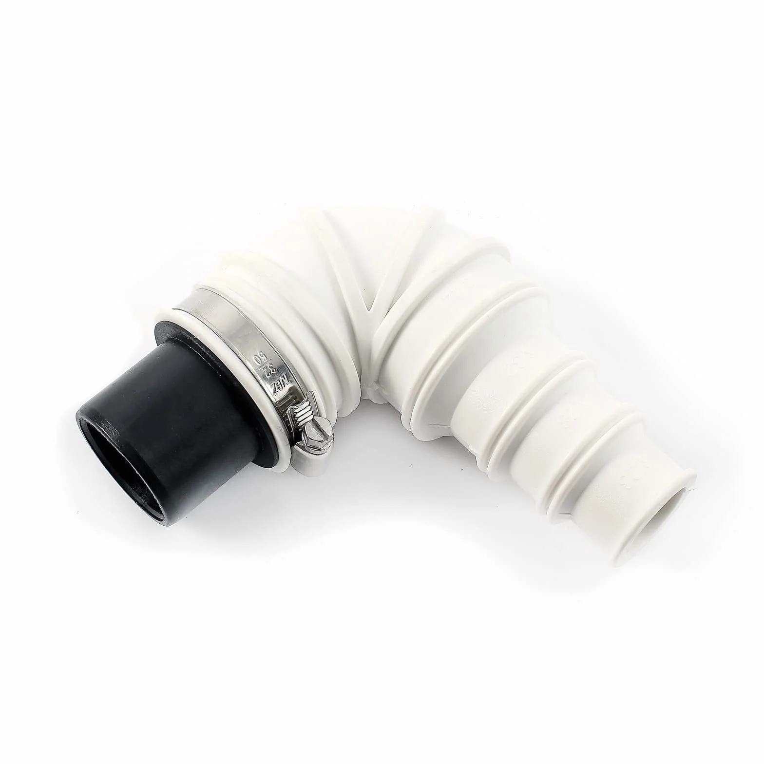 Zawór zwrotny Wiltec DN40 do zastosowań sanitarnych, zawór zwrotny o średnicy zewnętrznej 40 mm, kolanko 90° ze stopniowaną wylewką i zacisk węża