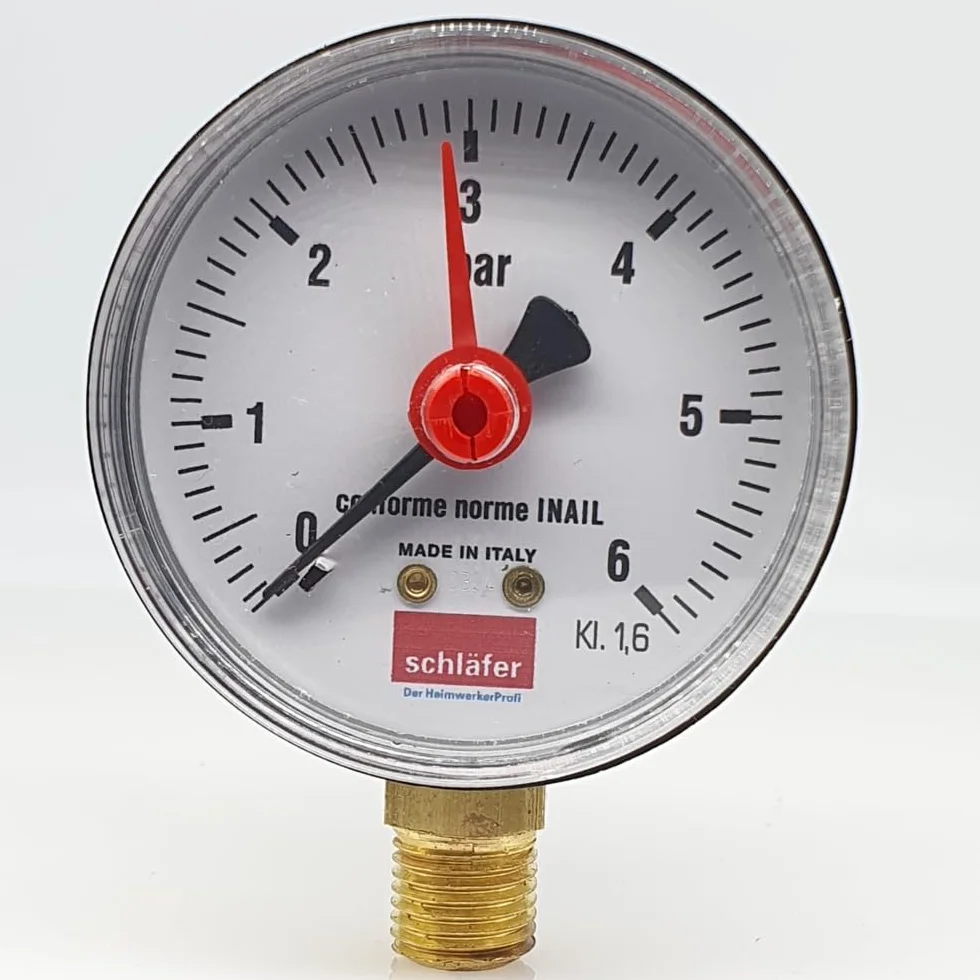 Schläfer 0930164 | 1/4" BSP pionowy manometr hydrauliczny z przyłączem promieniowym, skala 0-6 bar 63 mm do instalacji termicznych powietrza wodnego wskaźnik ciśnienia hydraulicznego