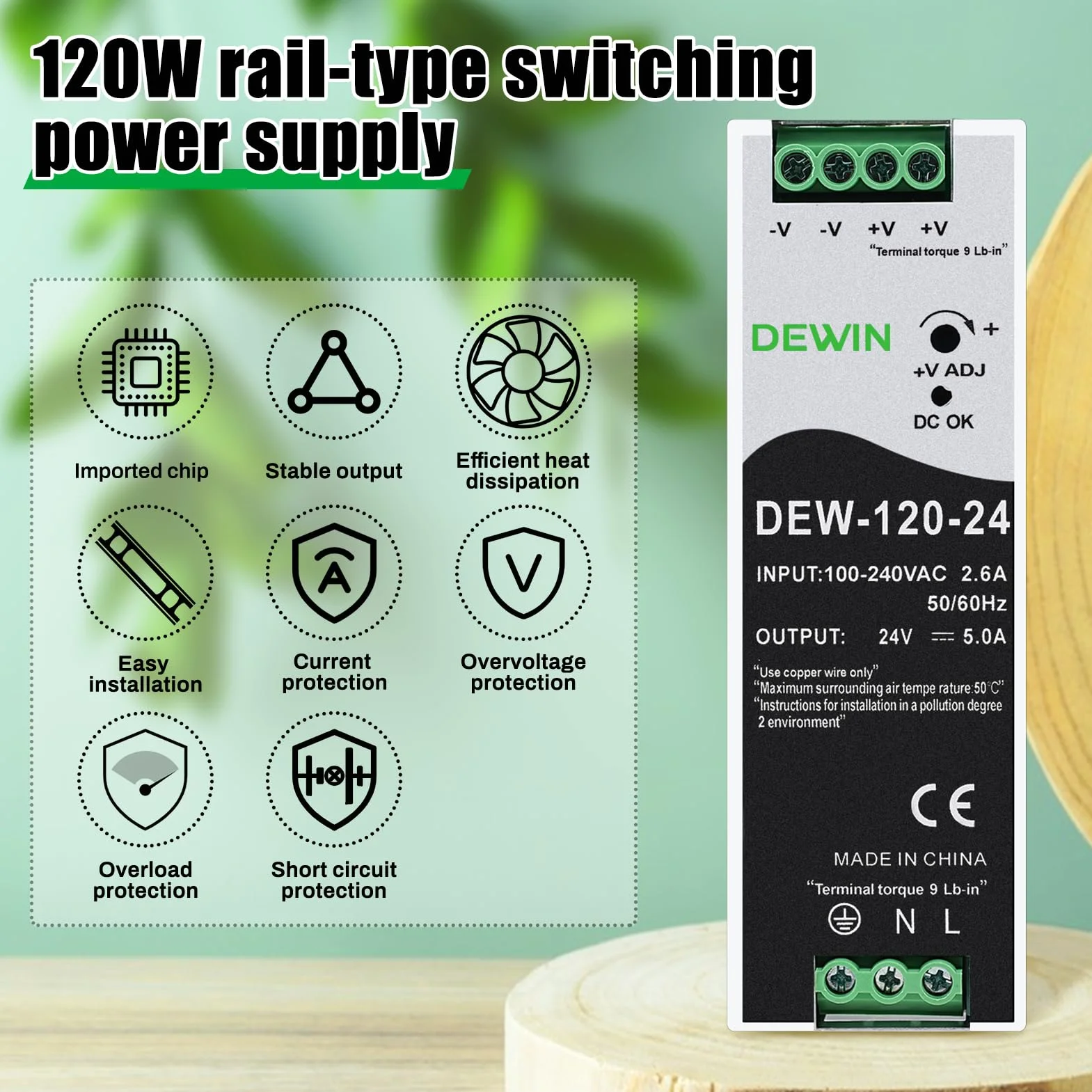 DEWIN szyna DIN zasilacz 24V 120W 5A przemysłowy DEW-120-24