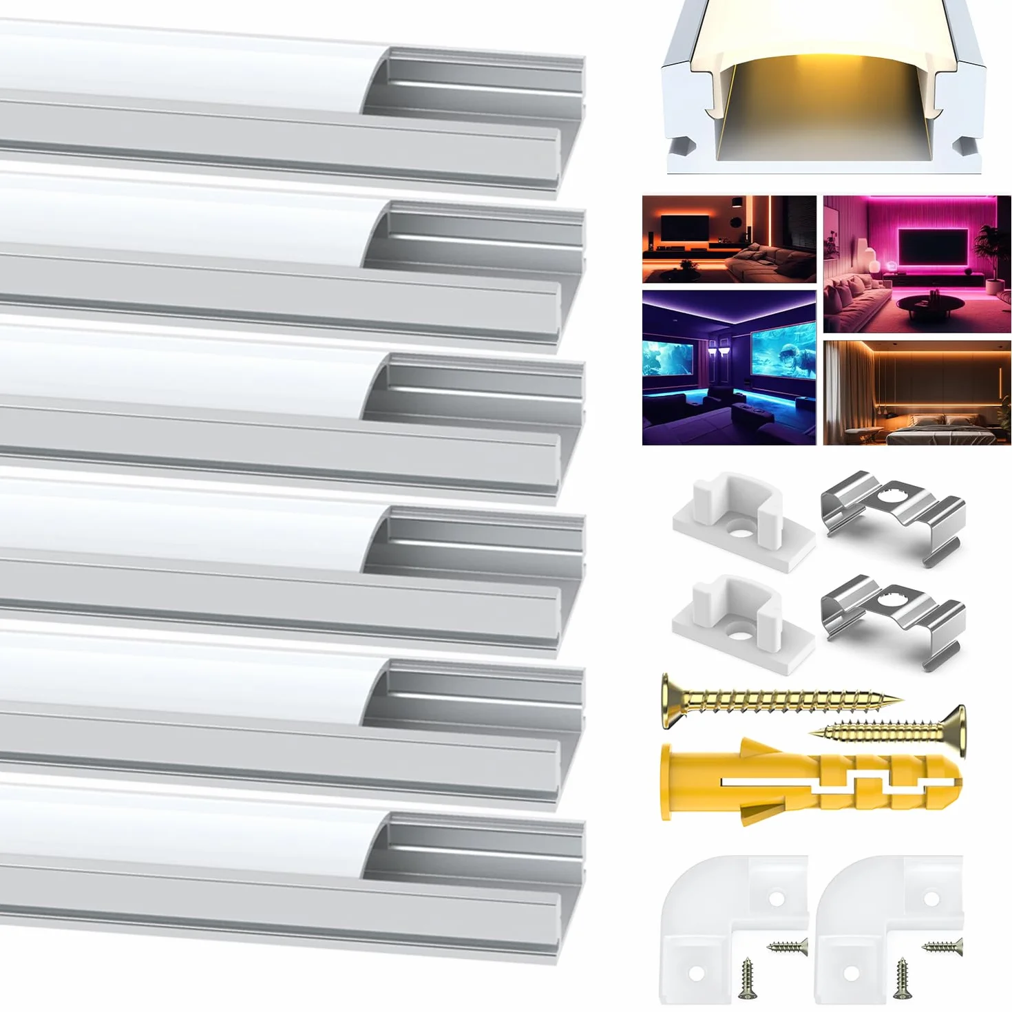 Angdarun Profil LED 6 x 1 m, aluminiowy profil w kształcie litery U, listwa aluminiowa, z mleczną białą osłoną taśmy, łącznik narożny, pośrednie oświetlenie, dyfuzor sufitowy