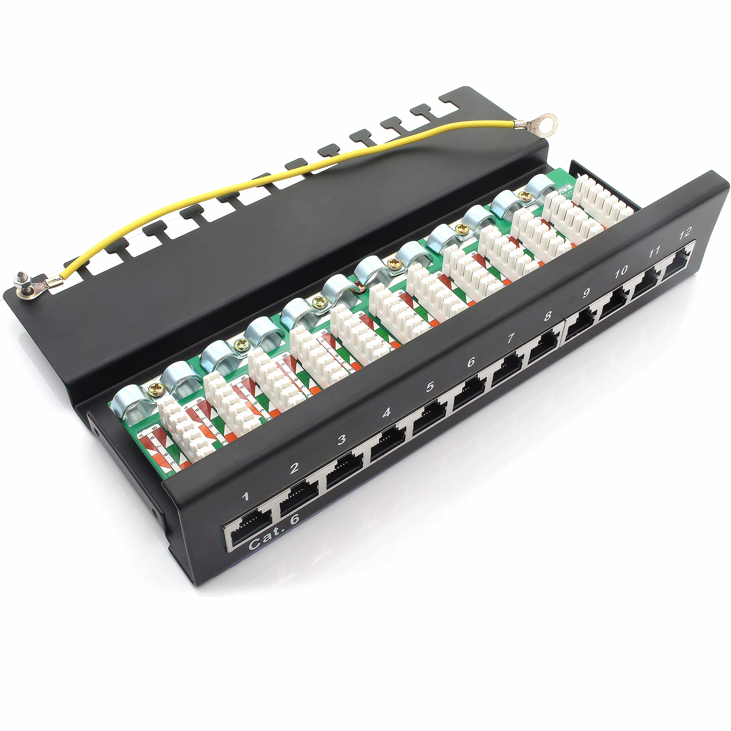 1aTTack.de panel krosowy CAT5 CAT6 CAT7 sieć RJ45 gniazdo Keystone metalowa obudowa CAT6 12 portów czarny patchpanel CAT6