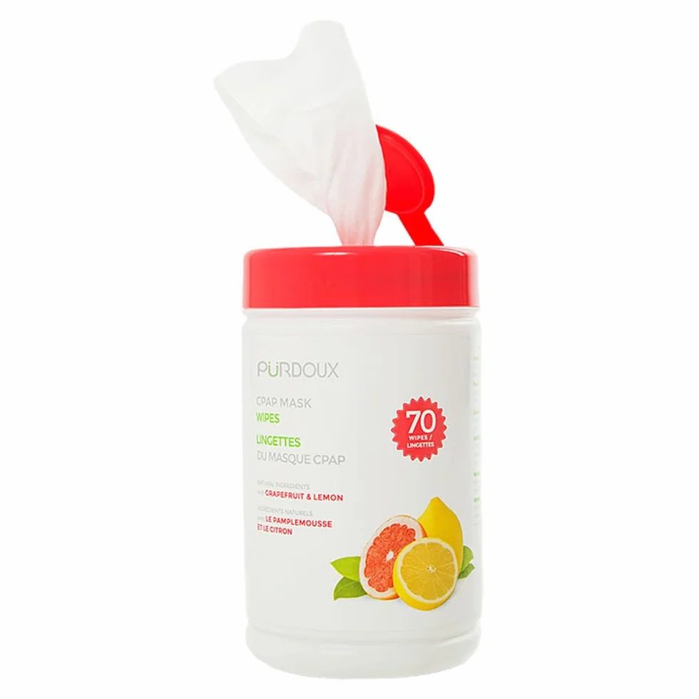 PÜRDOUX ? CPAP mask wipes with grapefruit lemon scent, canister of 70 wet wipes