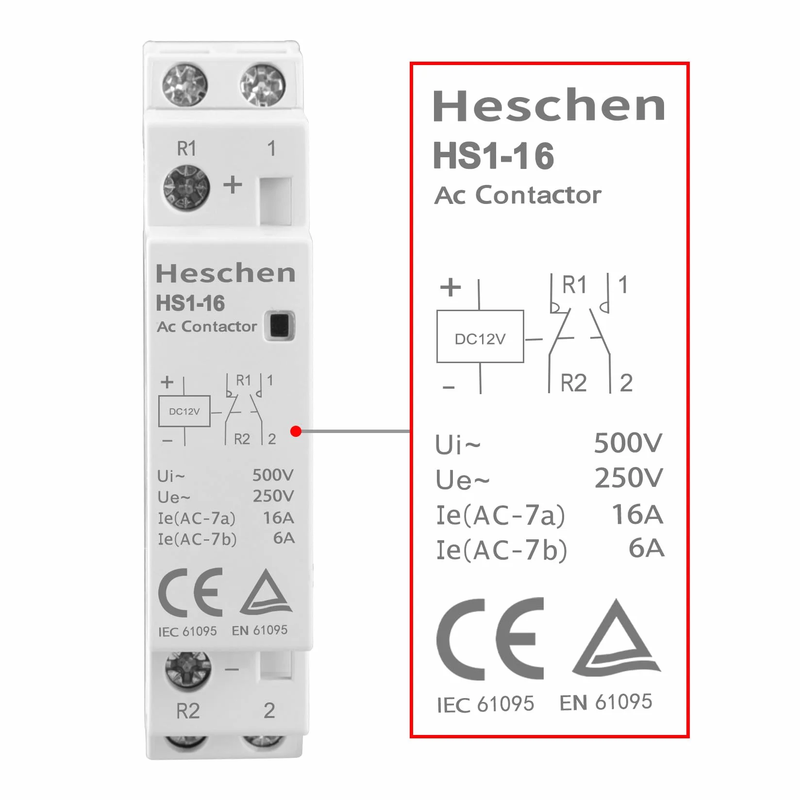 Heschen Stycznik domowy AC, HS1-16, Ie 16A, 2-biegunowy, 1NO 1NC, DC 12 V napięcie cewki, 35 mm montaż na szynie DIN