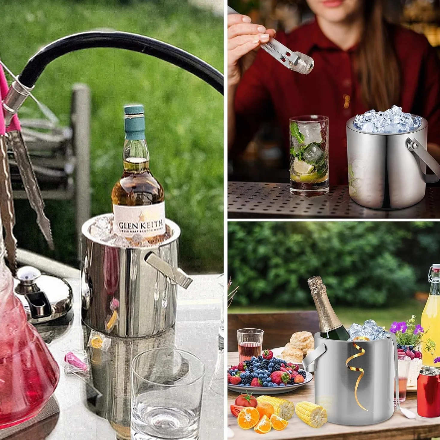 Wiadro na lód 2,2 l, ze szczypcami i sitkiem, ze stali nierdzewnej, pojemnik na lód, do szampana, na kostki lodu, na imprezę, do restauracji, pikniku, piwa, szampana, wina