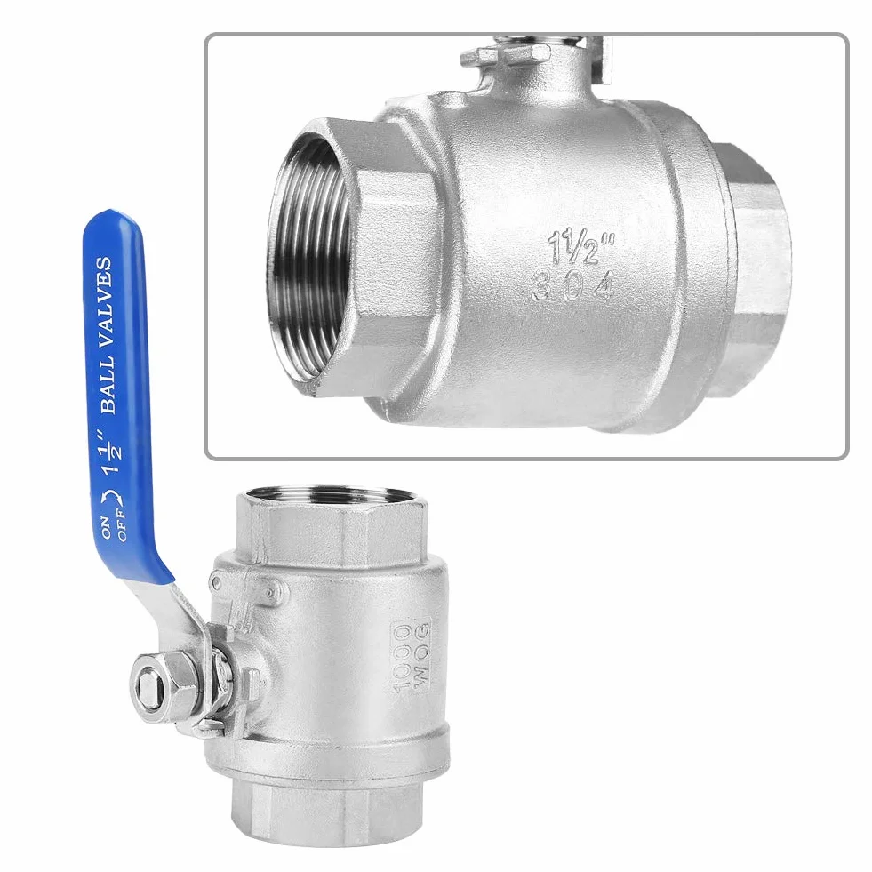 Dwuczęściowy, Pełny Port żeński, 2 Nierdzewny Zawór Kulowy Zawór Kulowy Gwintowany 1-1/2 "DN40 1000 WOG 304 Stal Nierdzewna z Wytrzymałym Niebieskim Uchwytem Izolacyjnym z Winylu