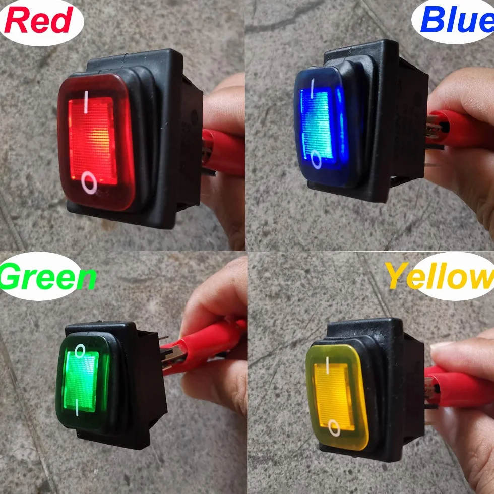 Gebildet 4 Szt. 230 V Ac Dpst 4 Piny 2 Pozycje Wł./Wył. Czerwony/Niebieski/Żółty/Zielony Led Light Podświetlany Wodoodporny Przełącznik Kołyskowy Przełącznik Dwupozycyjny (16 Szt. Złącze Przewodu)