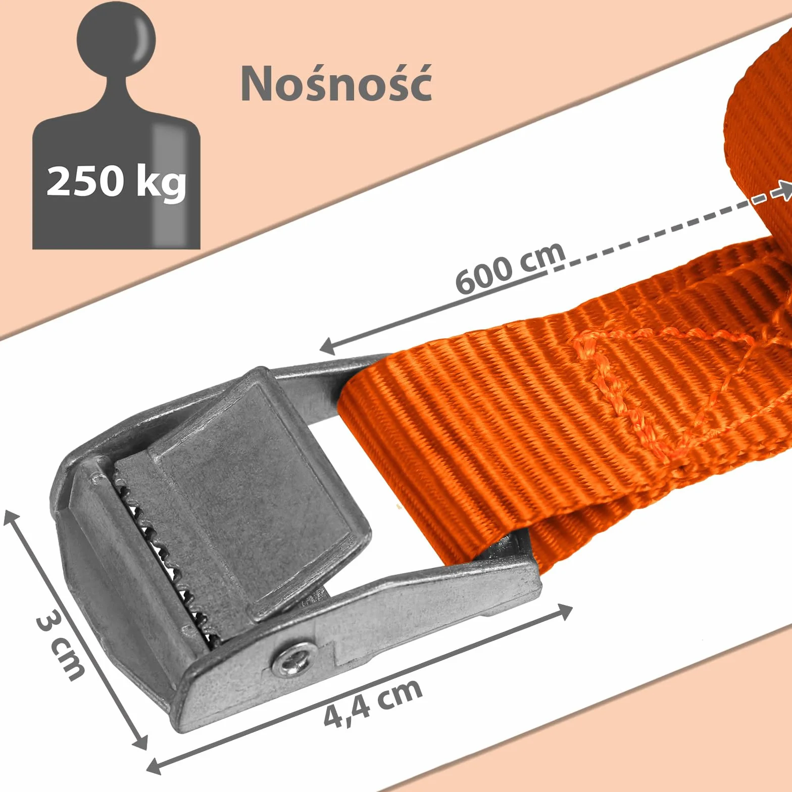 Pas mocujący zabezpieczający bagaż 250 kg DIN EN 12195-2 6 sztuk 2.5 cm x 6 m