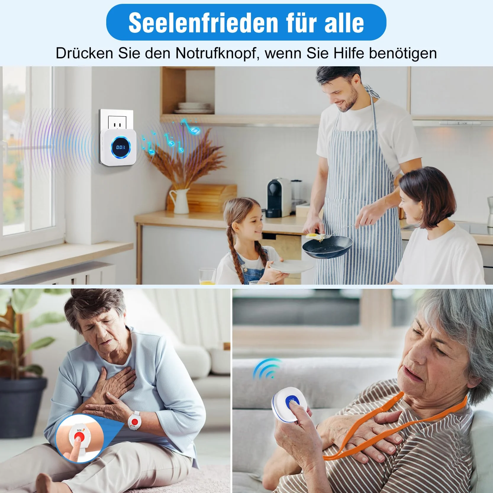 DAYTECH Przycisk alarmowy dla seniorów, przycisk awaryjny z 55 dzwonkami, 5 regulowanych poziomów głośności, bransoletka dla osób starszych/pacjentów/niepełnosprawnych