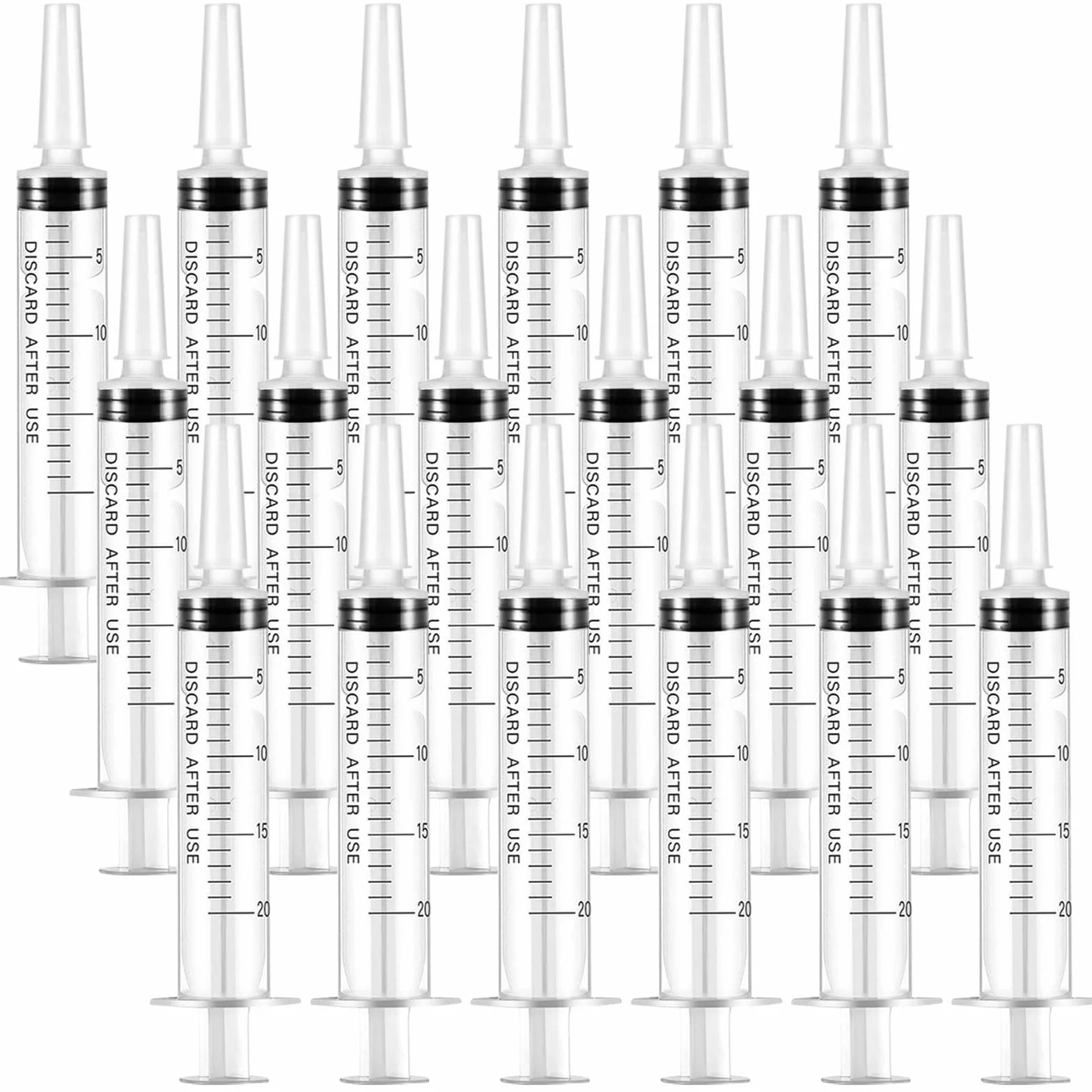 18 sztuk strzykawek 20 ml z pokrywką, strzykawki z tworzywa sztucznego bez igły, sterylne strzykawki, pojedynczo zapakowane strzykawki do laboratorium, karmienia zwierząt, nawadniania roślin