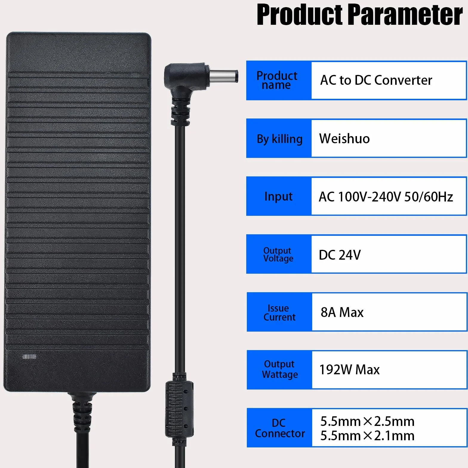 Zasilacz AC 100-240 V na 24 V 8A 192 W transformator adapter sieciowy 5,5 x 2,5 mm DC do taśm LED