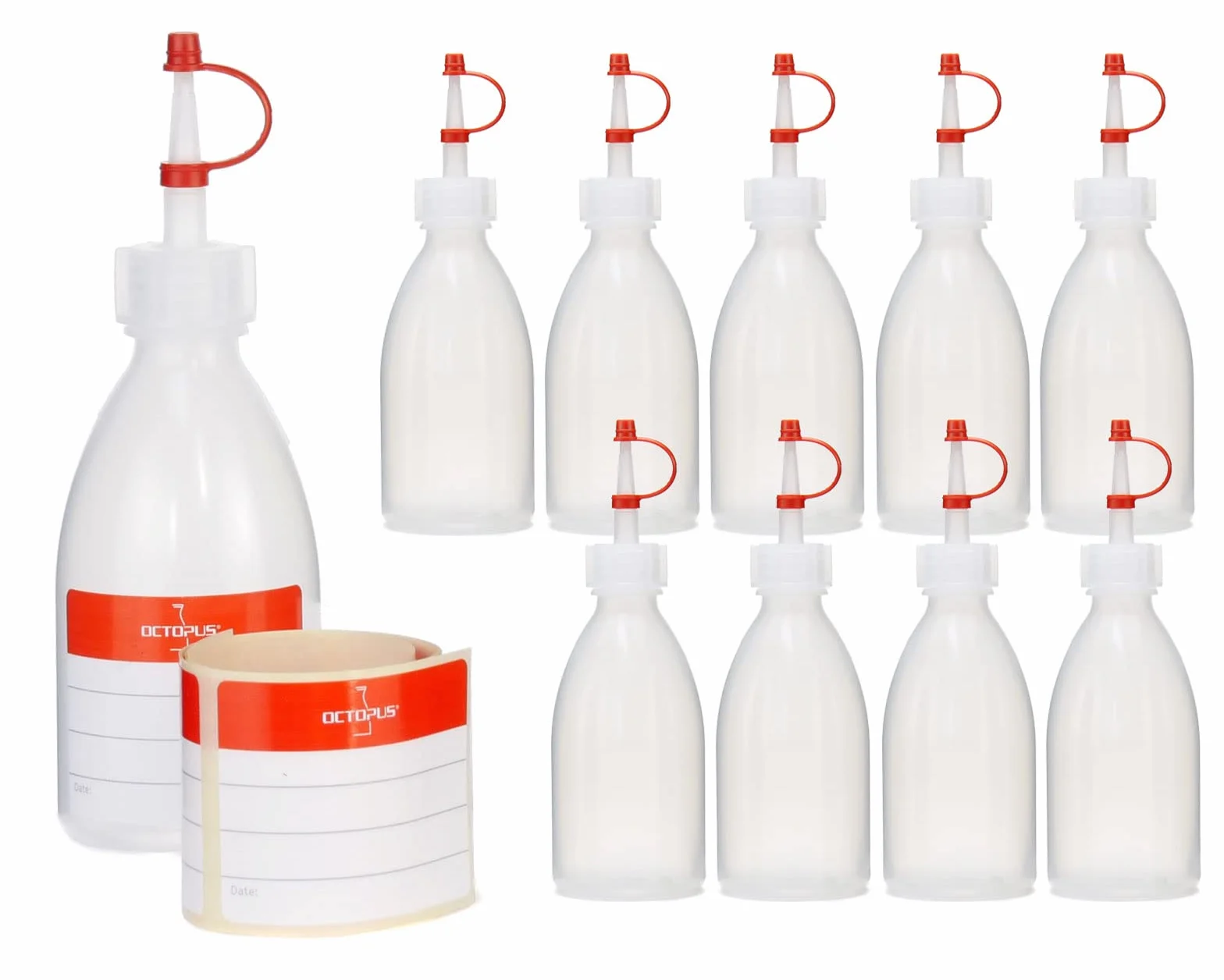 Octopus 10 plastikowych butelek 100 ml z LDPE, naturalnych, G18, zakrętka, czerwona taśma mocująca i czepek