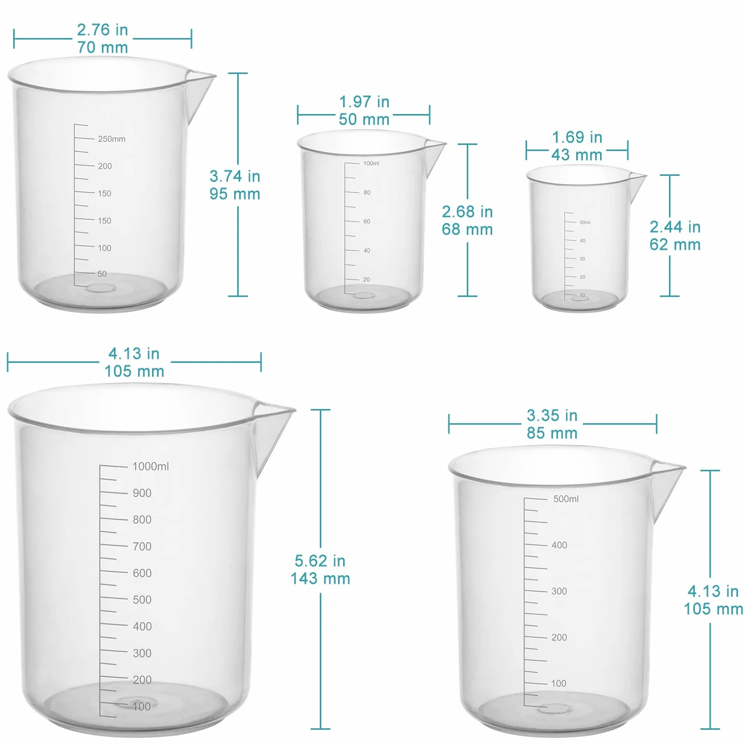 stonylab Zestaw Plastikowy Zlewek, Clear Plastikowa Podziałką Zlewka z Wylewką Zestaw Zlewek Pomiarowych Płyn Pojemnik w 5 Rozmiary, 50 ml / 100 ml / 250 ml / 500 ml / 1000 ml (1 L), Opakowanie Combo