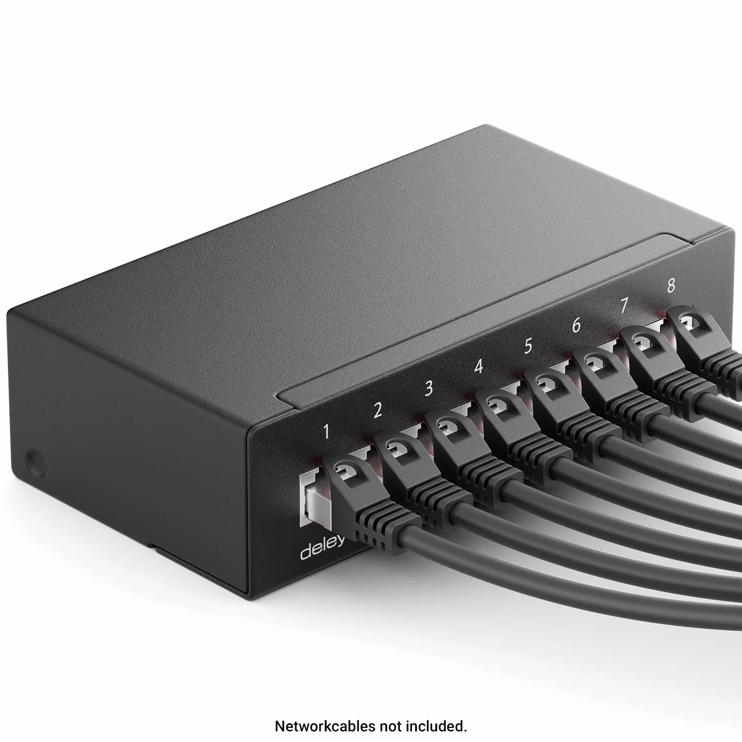 deleyCON CAT 6 Patch Panel Krosownica 8 Portów 1U Montaż na Biurku i Ścianie Ekranowany 8x Gniazdo RJ45 LAN Kabel Instalacyjny Sieci LAN TIA568A TIA568B RAL 9005 Czarny